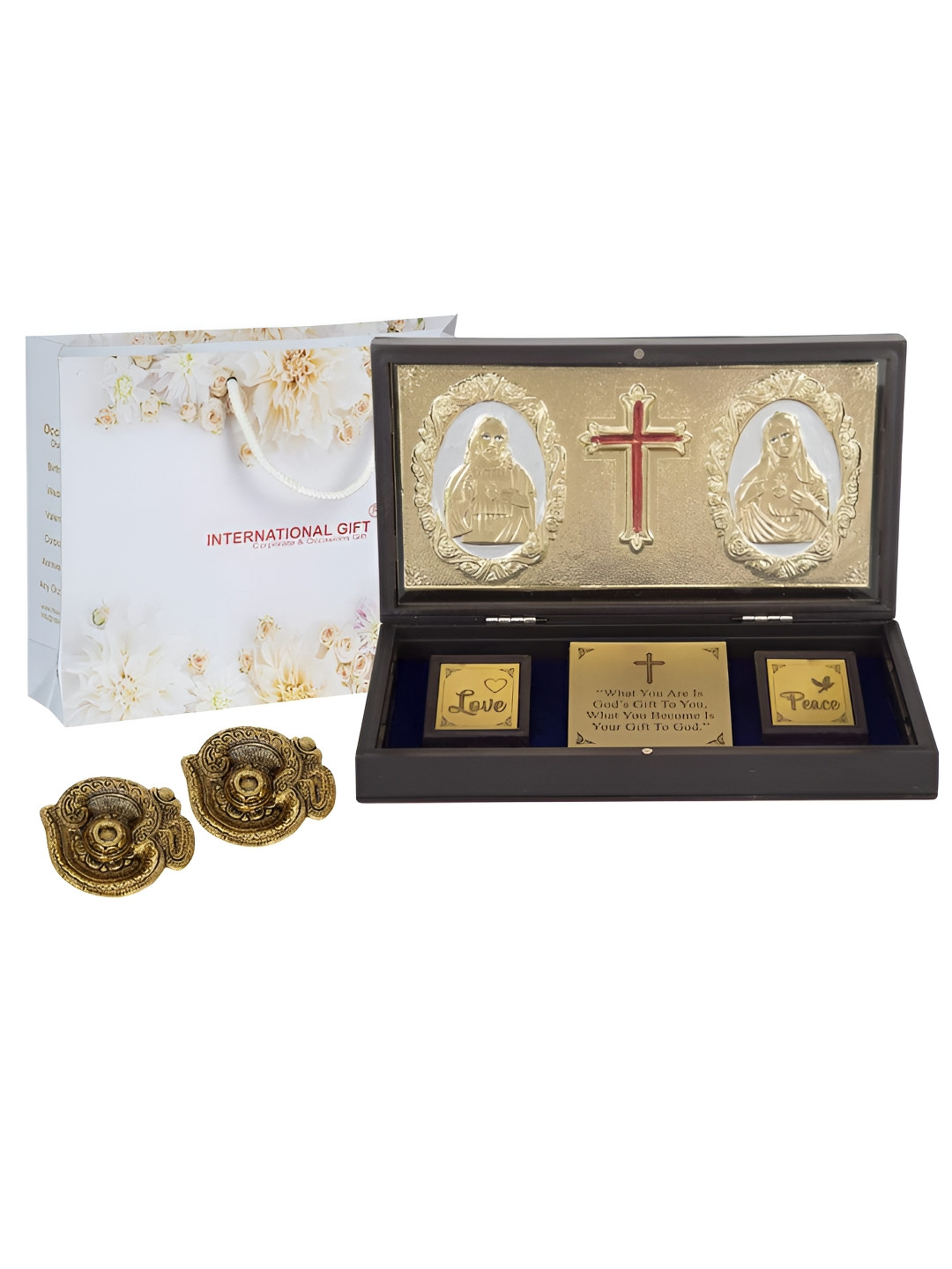INTERNATIONAL GIFT Jesus Message Box with Diya Gold Metal Metallic Prayer Room Set of 3 Large Showpieces - 4.3 Inches