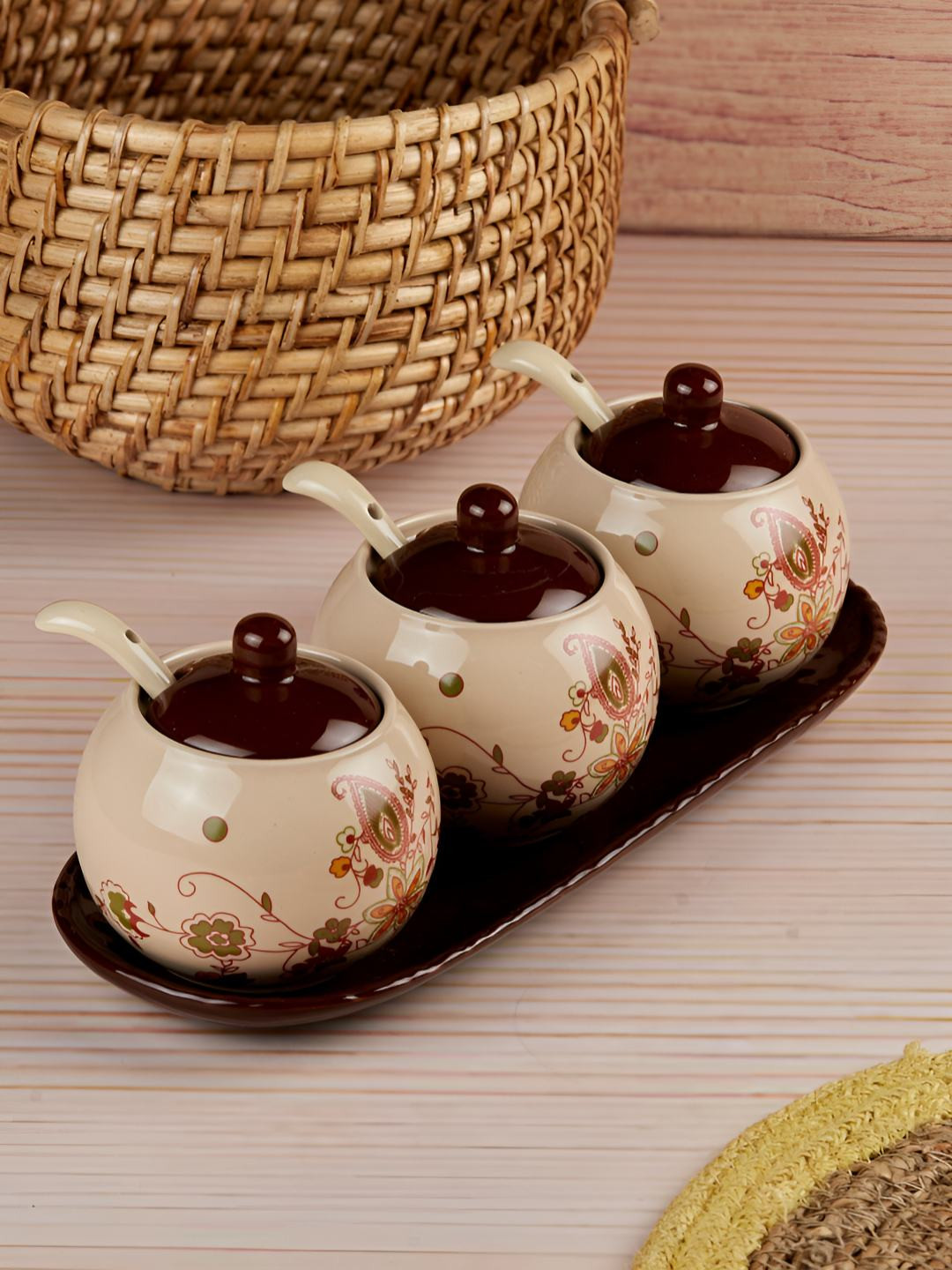 Kookee Brown and Beige 3 Pieces Ceramic Easy to Clean Canister Containers