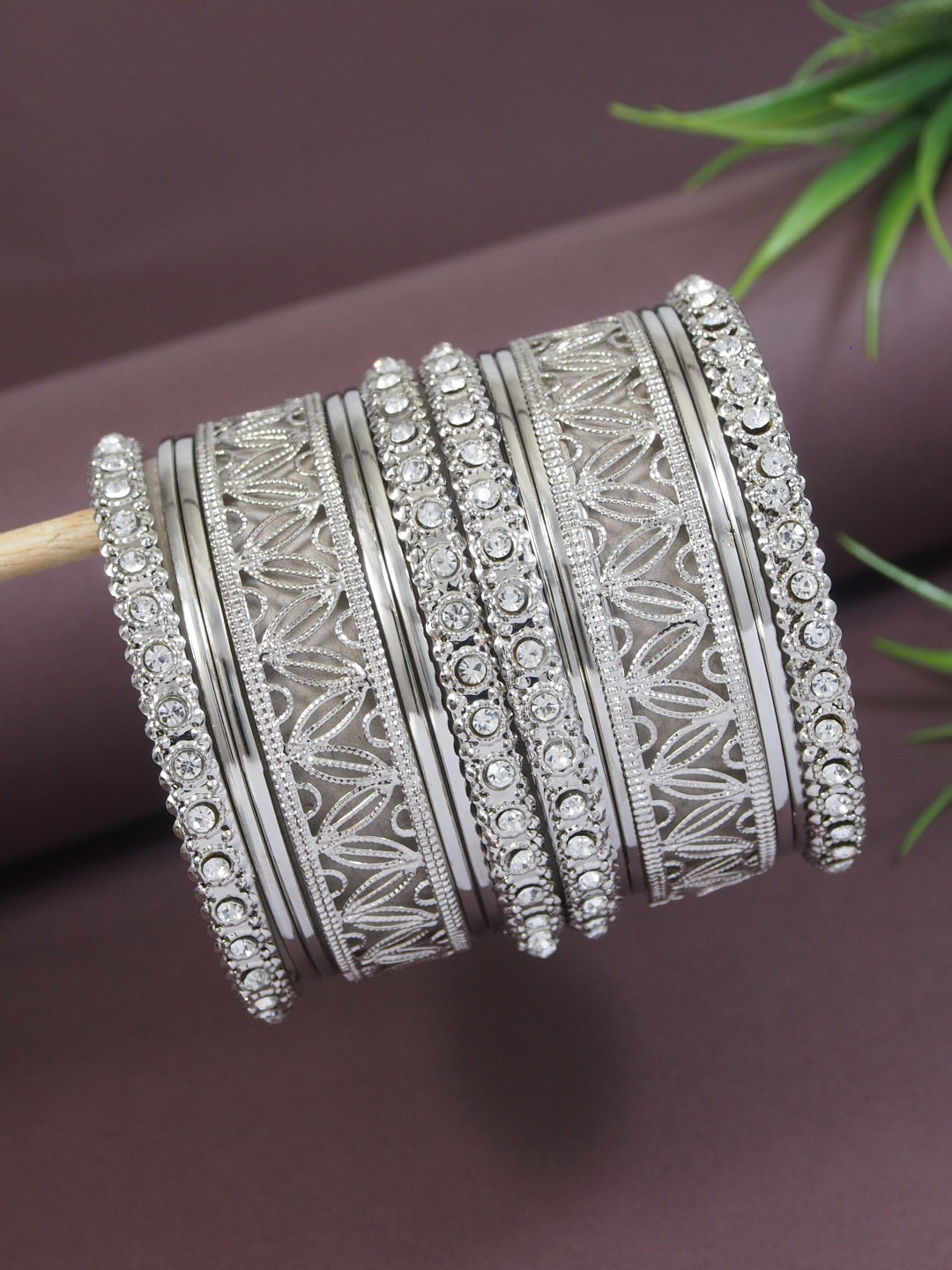 I Jewels Set Of 14 Silver-Plated Stone Studded Textured Navratri Ethnic Bangles