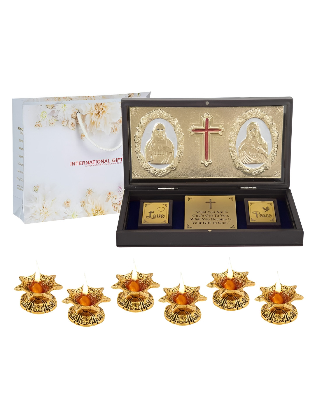 INTERNATIONAL GIFT Religious Jesus Message Box with 6 Diya Gold Metal Metallic Prayer Room Large Showpiece - 4.3 Inches