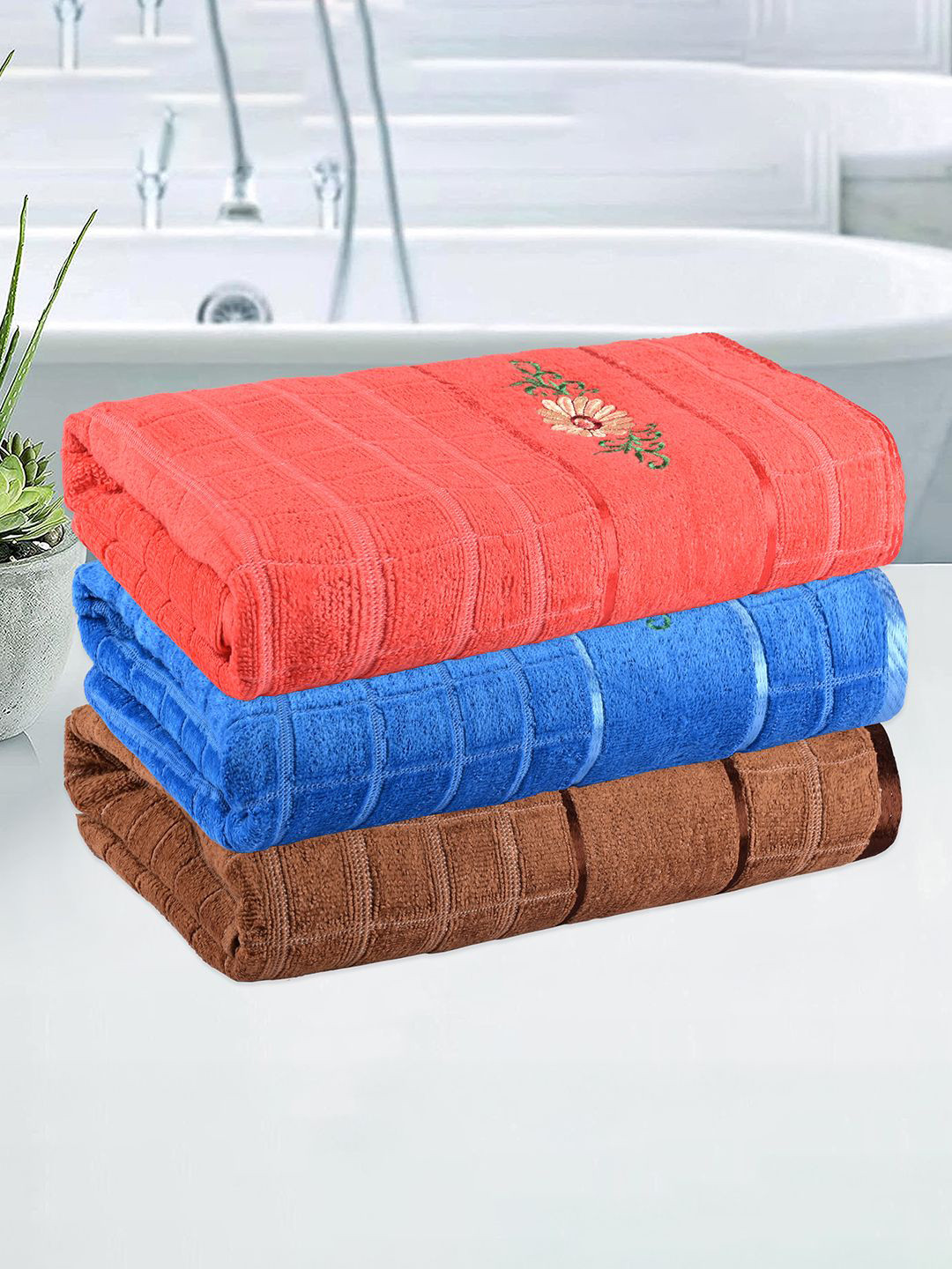 Kuber Industries Blue & Orange 3 Pieces Striped 250 GSM Bath Towels