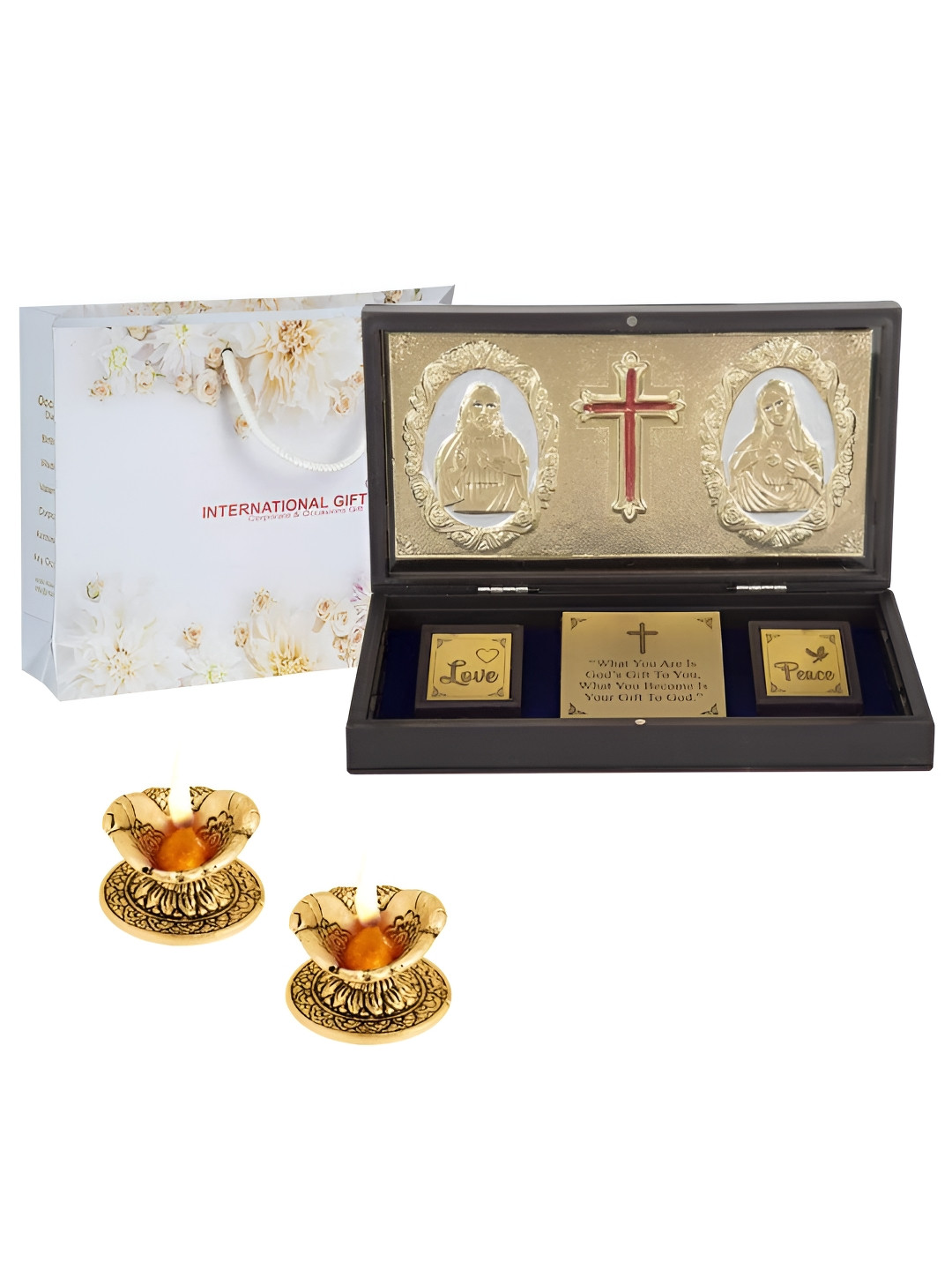 INTERNATIONAL GIFT Religious Jesus Message Box with Diya Gold Metal Metallic Prayer Room Set of 3 Large Showpieces - 4.3 Inches