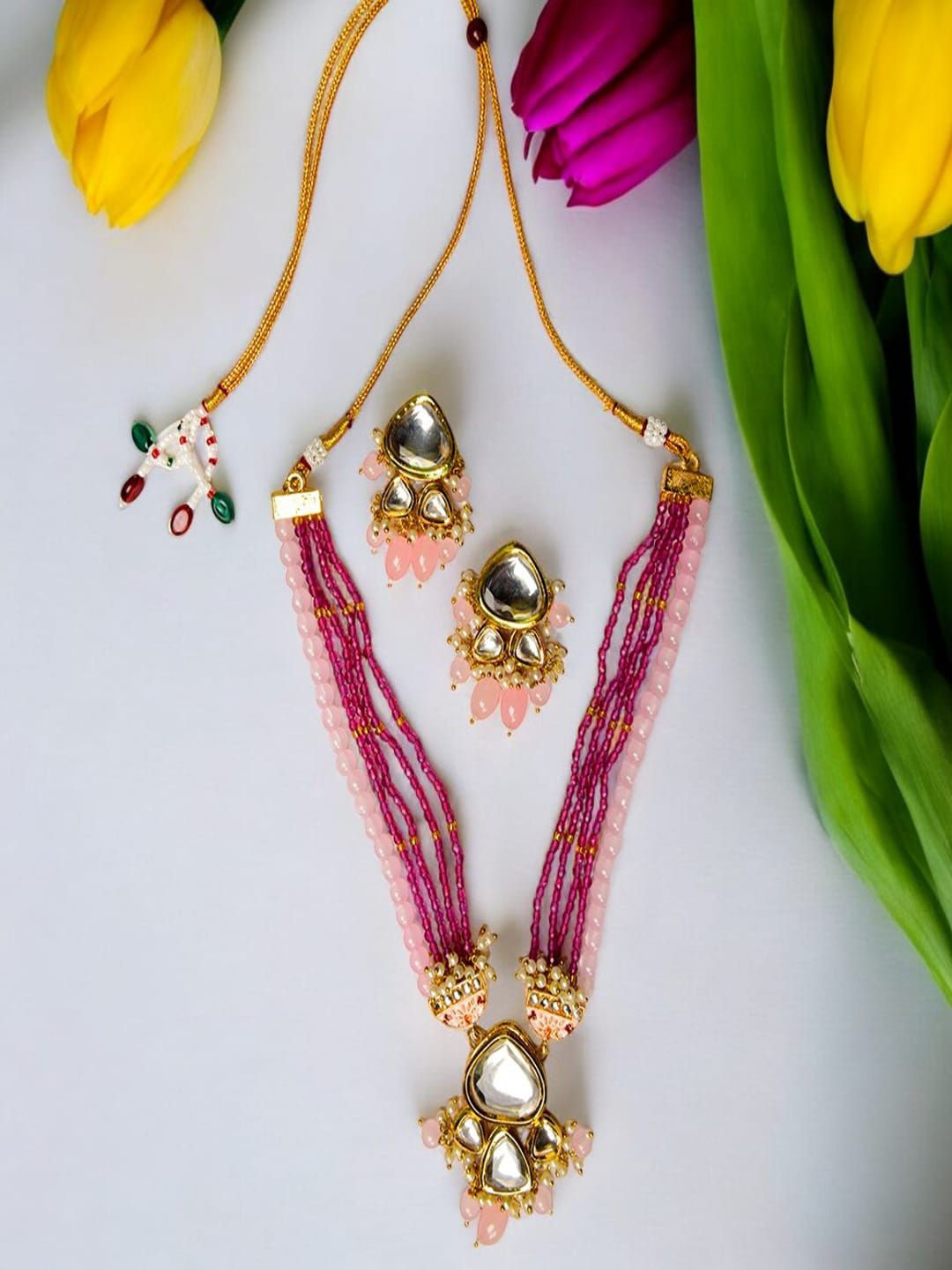 SHARLEEZ Rhodium-Plated Kundan Stone Studded Jewellery Set