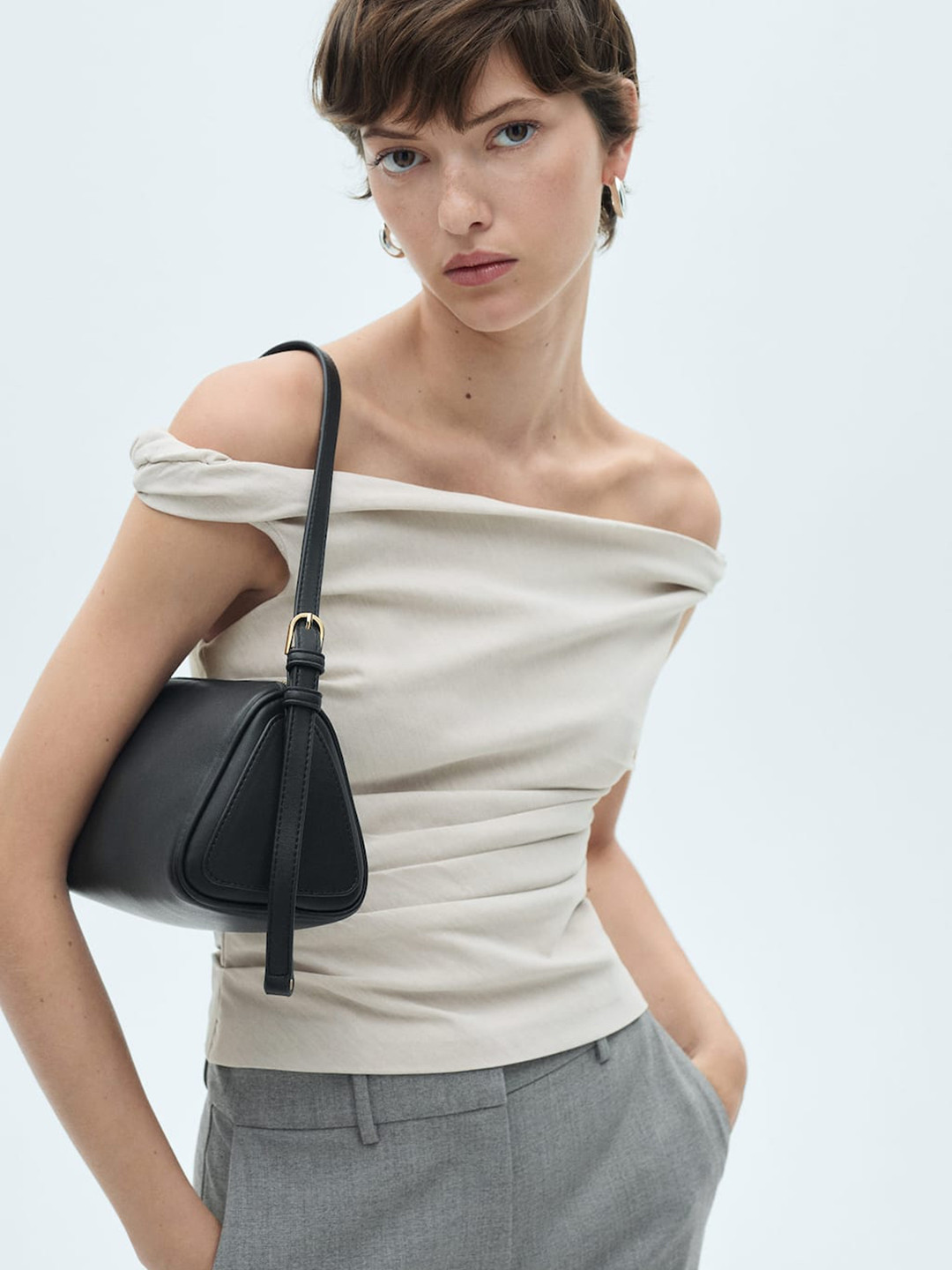 MANGO Off-Shoulder Draped Tailored Top