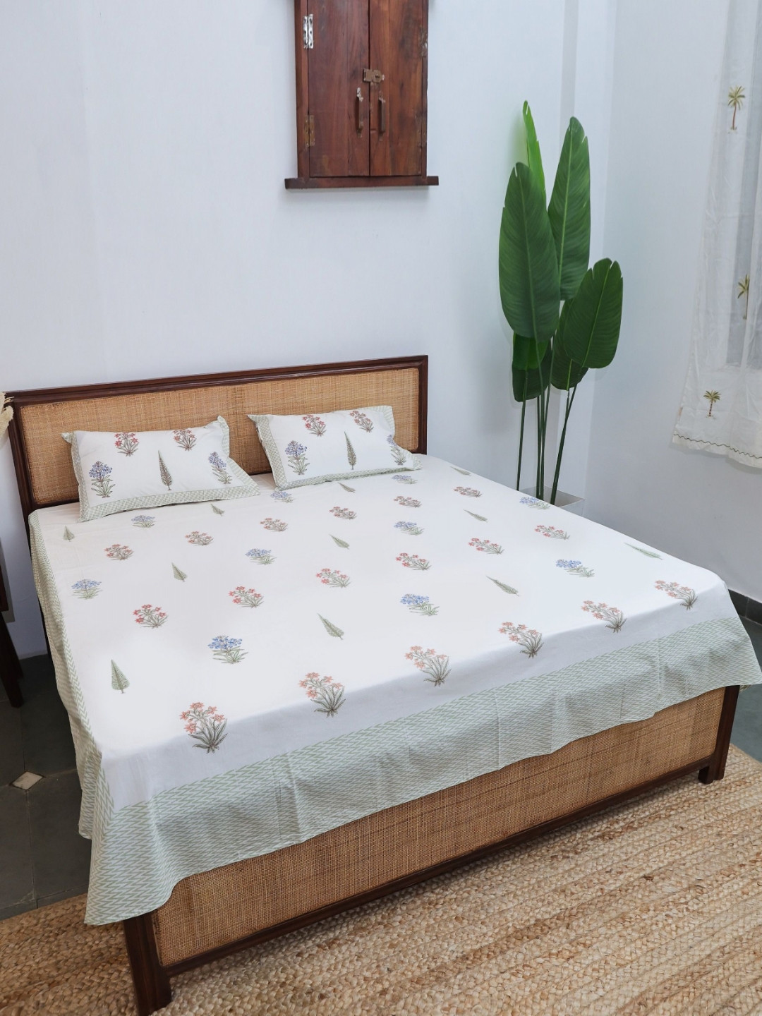 Plarsh Comfort Premium White Floral Cotton 300 TC King Bedsheet with 2 Pillow Covers-108 x 95 inches