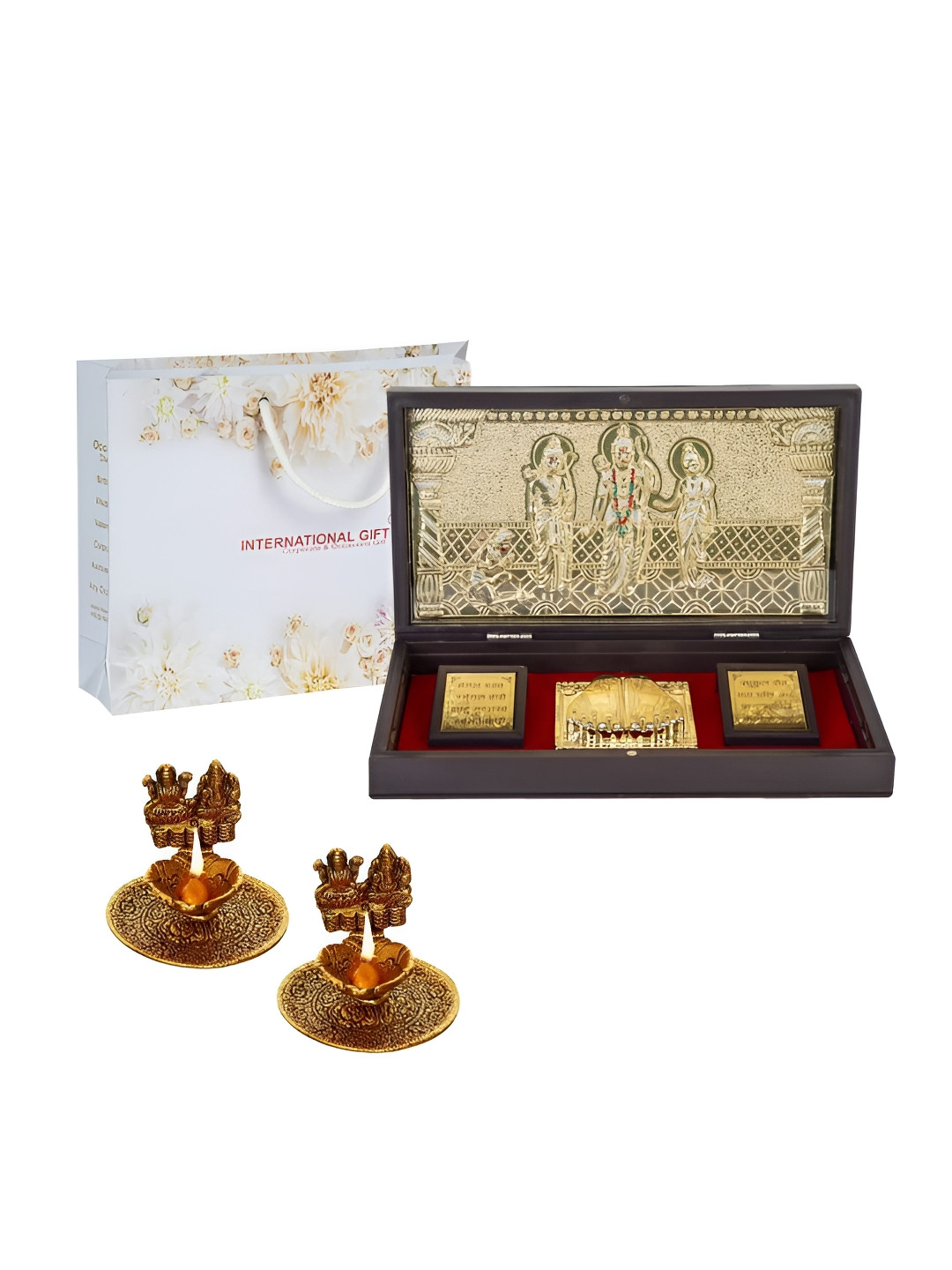 INTERNATIONAL GIFT Shree Ram Darbar Charan Paduka with Diya Gold Metal Metallic Prayer Room Set of 3 Large Showpieces - 4.3 Inches