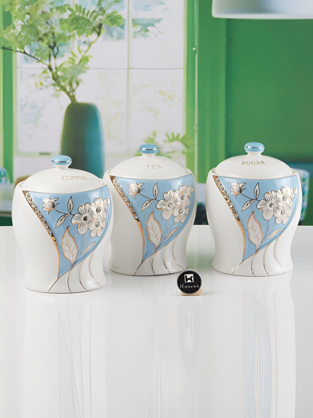 Kookee Blue and White 3 Pieces Ceramic Easy to Clean Canister Container
