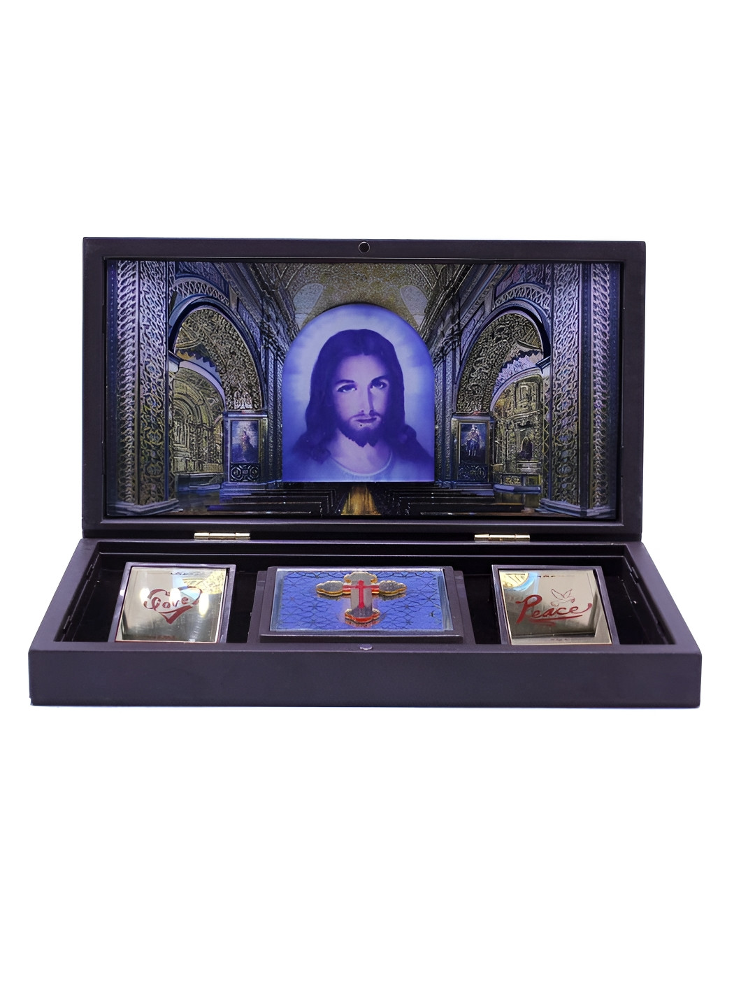 INTERNATIONAL GIFT Jesus Message Box with Diya Gold Metal Metallic Prayer Room Set of 3 Large Showpieces - 4.3 Inches
