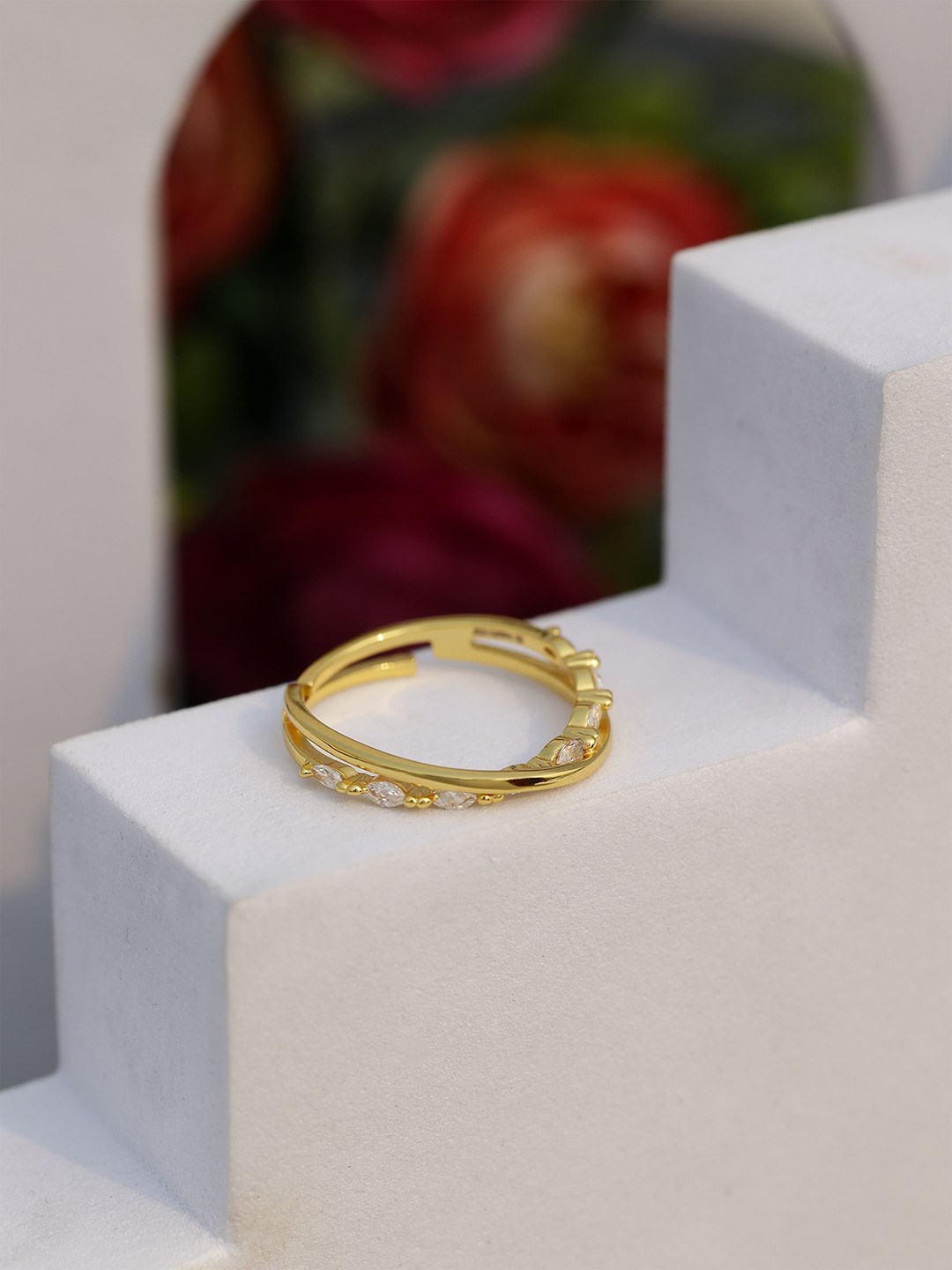 DIAVO 925 Sterling Silver Gold-Plated Stone Studded The Luciana Layered Finger Ring