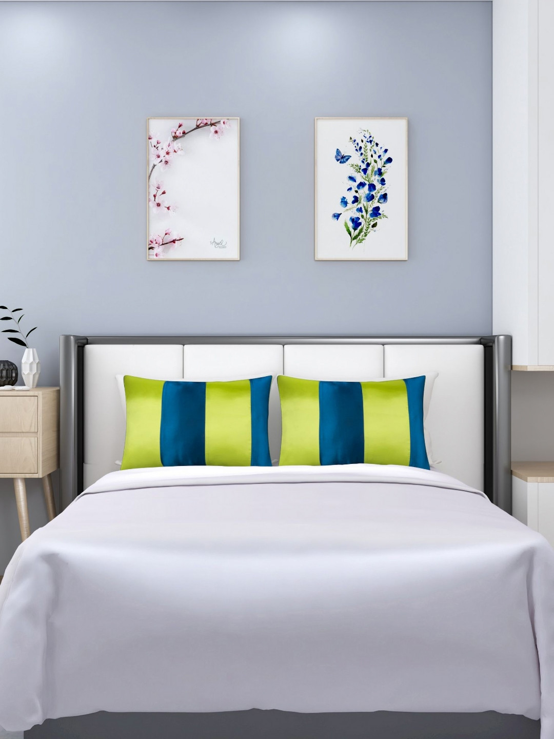 DEHMAN Green & Blue 2 Pieces Striped Rectangle Pillow Covers