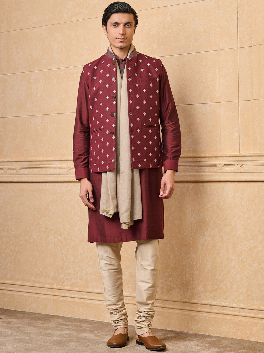Tasva Straight Linen Kurta with Churidar & Embroidered Jacket Bundi Set