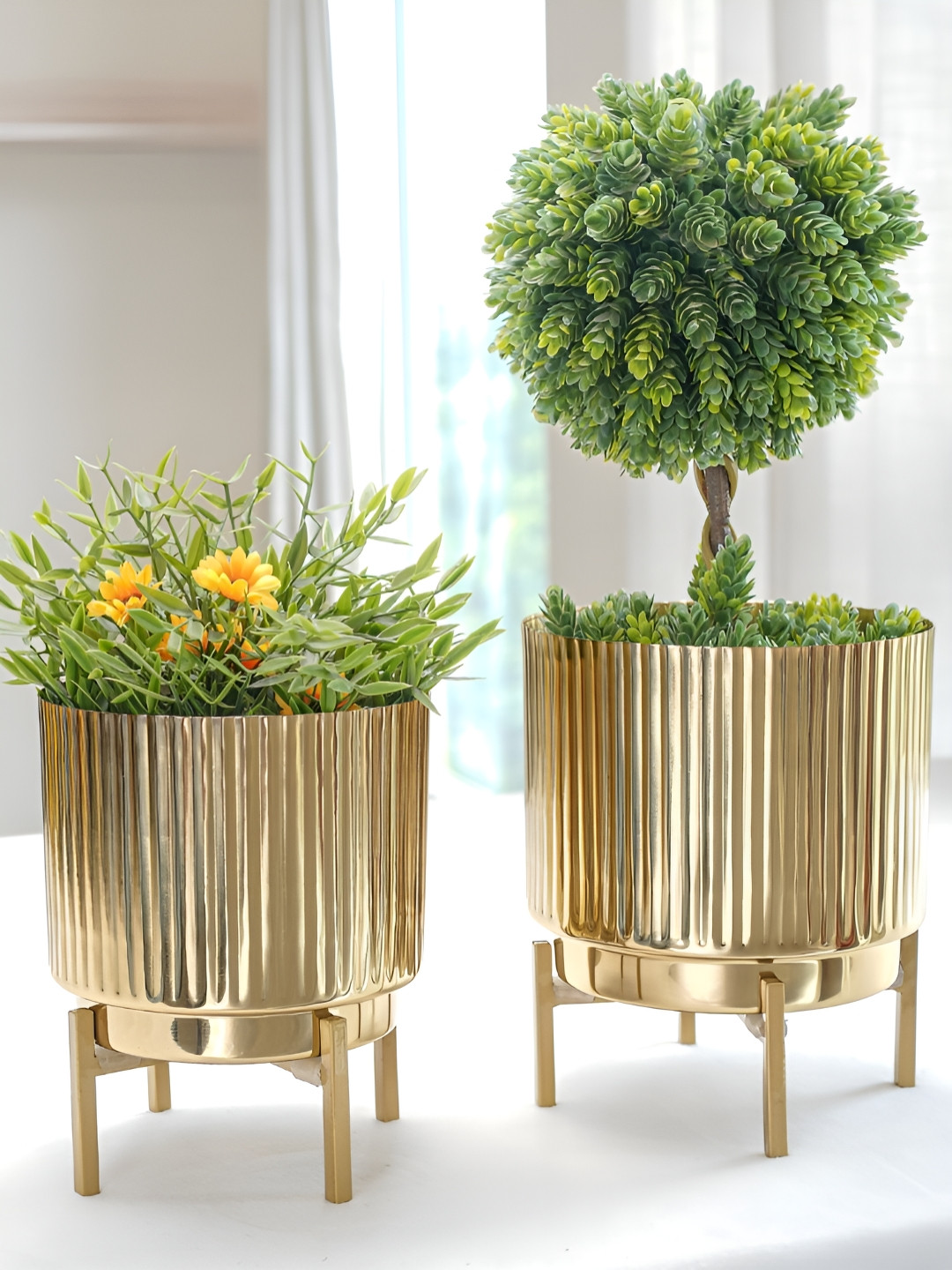 BEHOMA Set of 2 Gold Toned Small & Medium Fluted Metal Planter with Stand