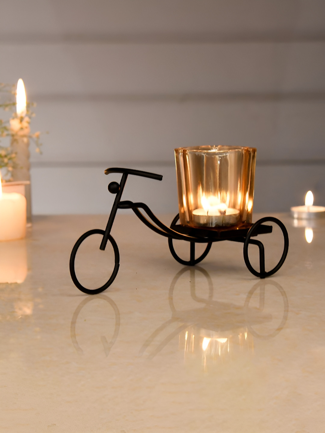 TAYHAA Black & Gold Toned Cycle Textured Metal Candle Holder With Glass
