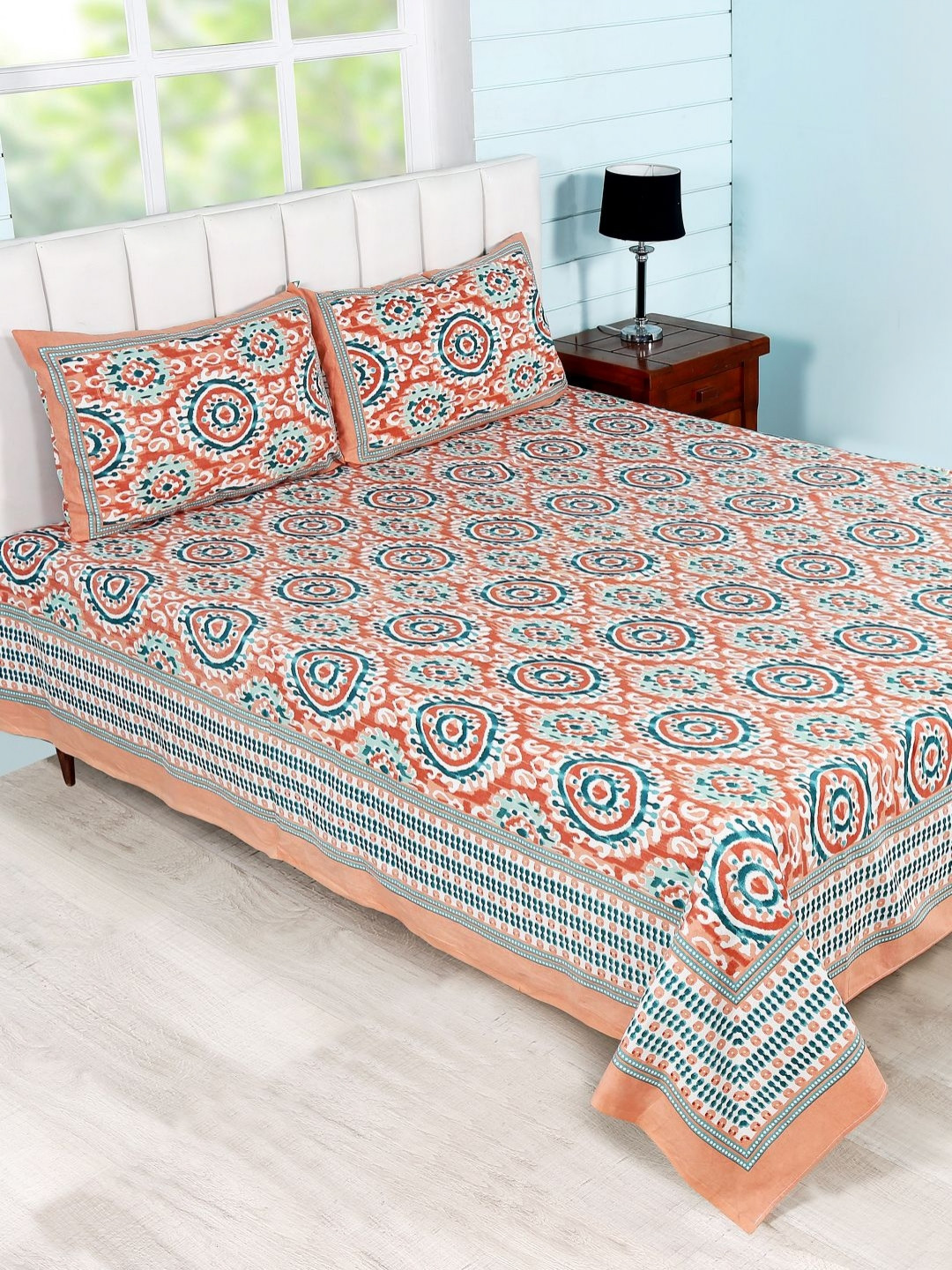 Soumya Premium Peach Ethnic Motifs Cotton 260 TC Queen Fine Bedsheet with 2 Pillow Covers-90 x 100 inches