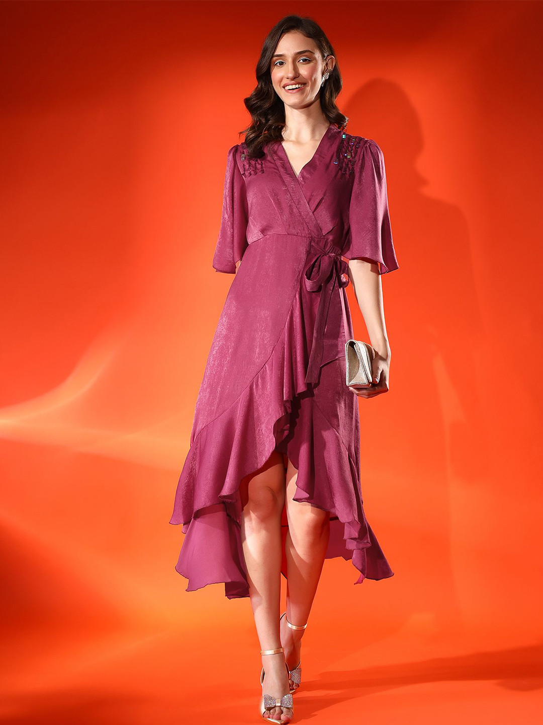 Justin Whyte Women Bell Sleeve Wrap Midi Dress