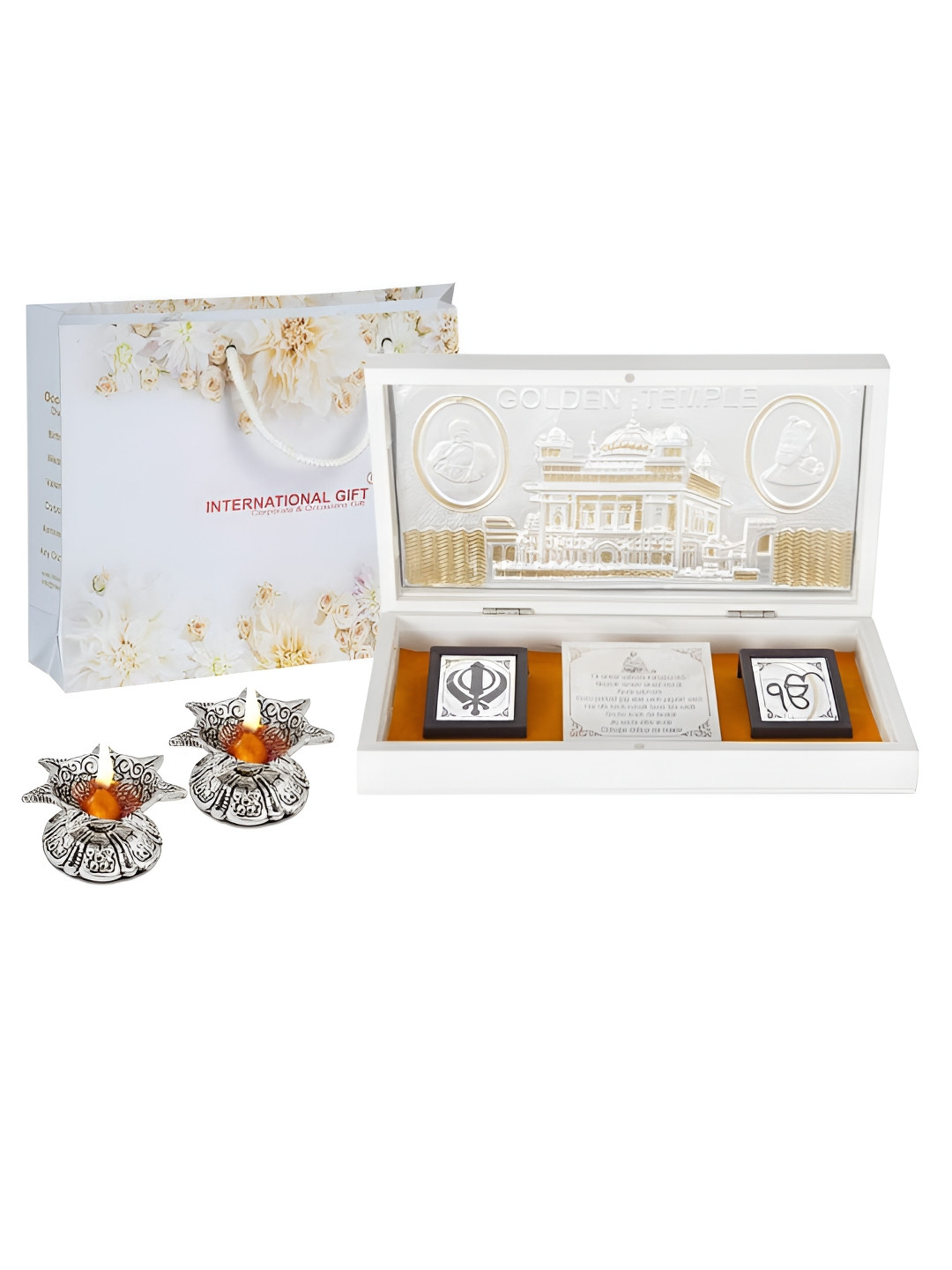 INTERNATIONAL GIFT Religious Golden Temple Message Box with Diya Silver Metal Metallic Living Room Set of 3 Large Showpieces - 4.3 Inches