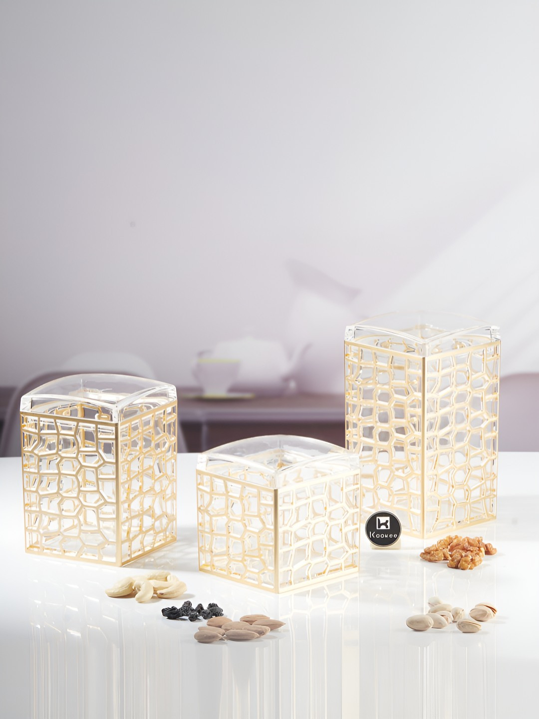 Kookee Transparent and GoldToned 3 Pieces Printed Acrylic Easy to Clean Canister Container