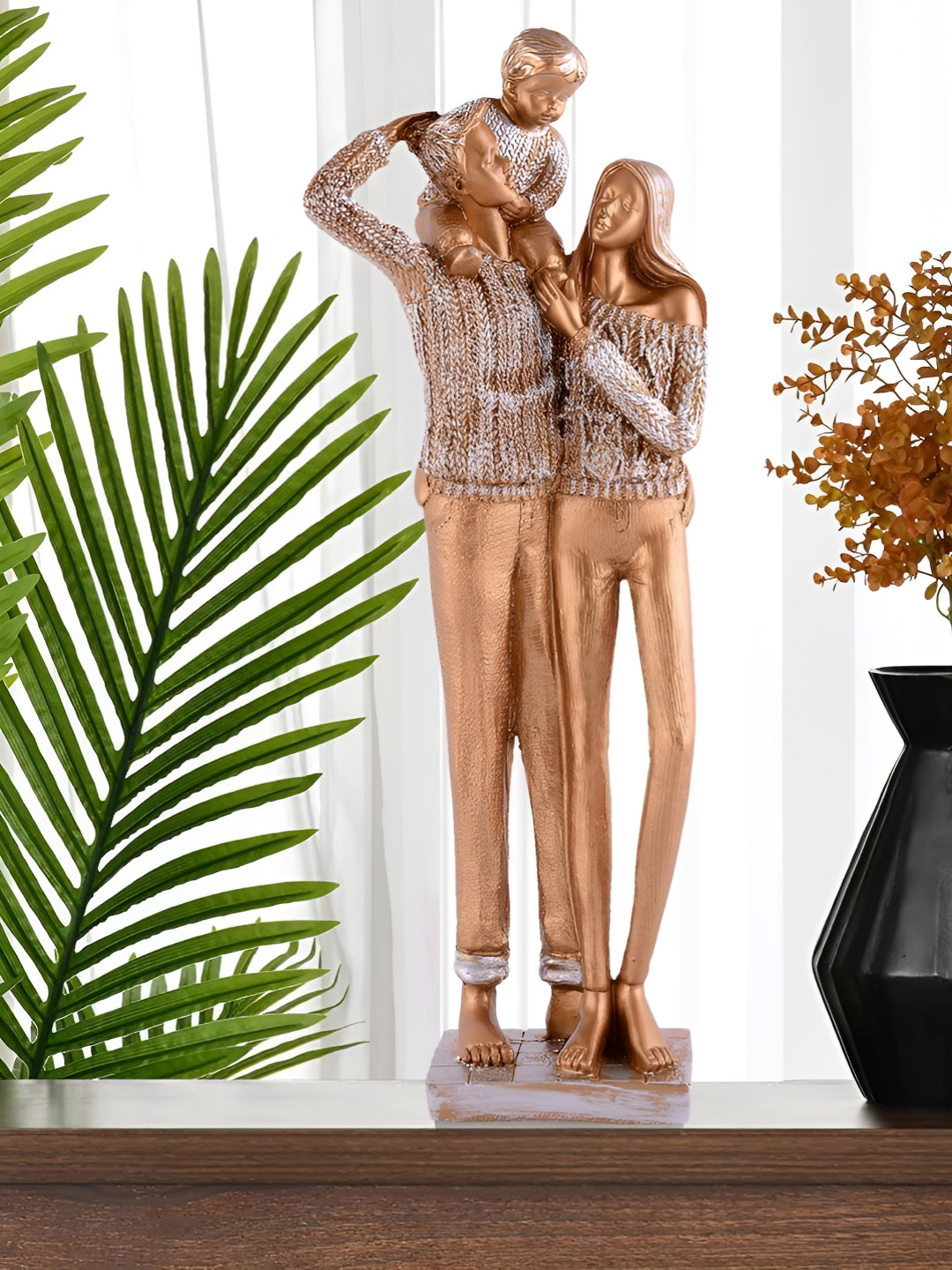 Zart Love Family Couple Gold Polyresin Natural Living Room Medium Showpiece - 12.5 Inches