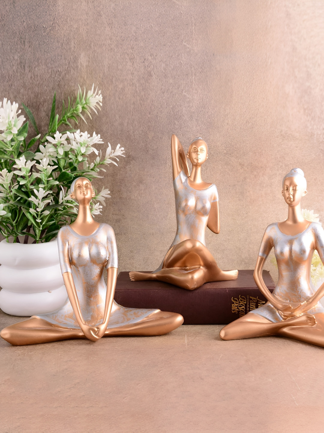 Zart Yoga Posture Lady Rose Gold Polyresin Matte Living Room Set of 3 Medium Showpieces - 8 Inches