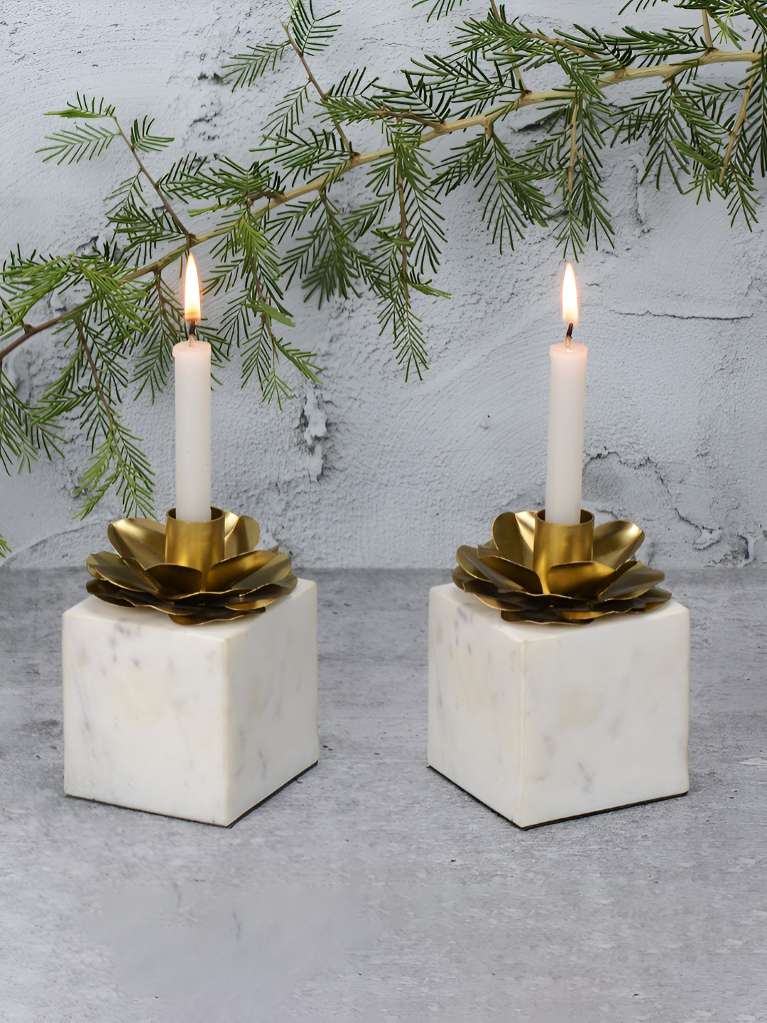 Maison Modern White & Gold Toned 2 Pieces Flower Textured Metal Marble Candle Holder