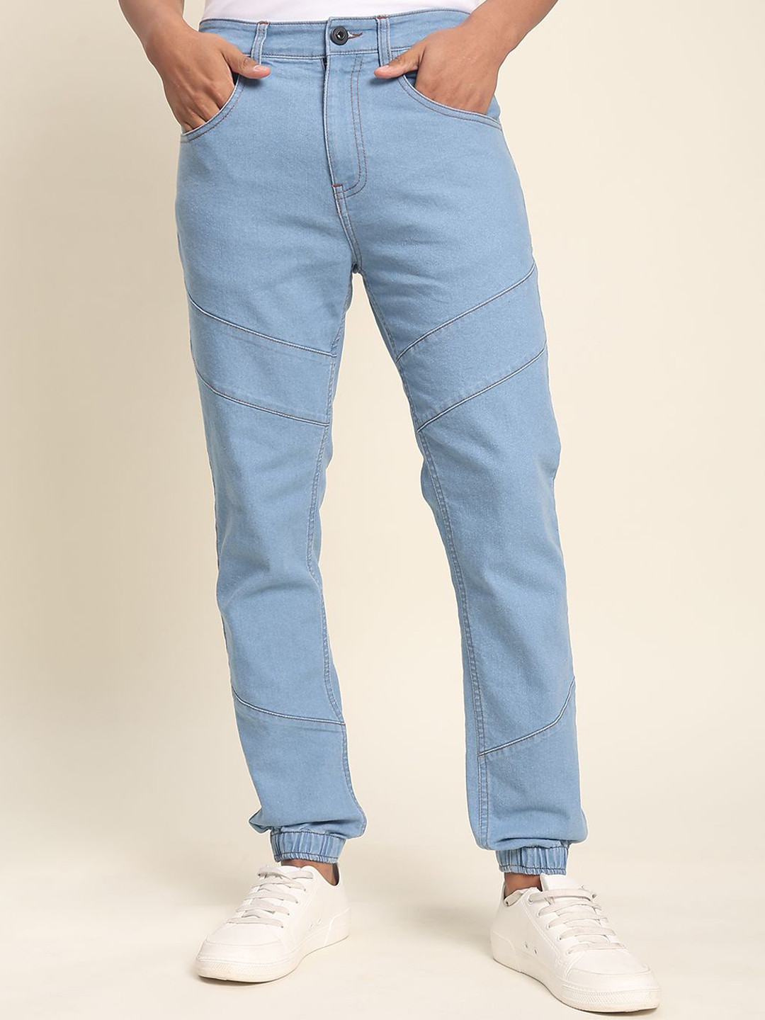 The Roadster Lifestyle Co Men Denim Cut & Sew front Detail Jogger Jeans