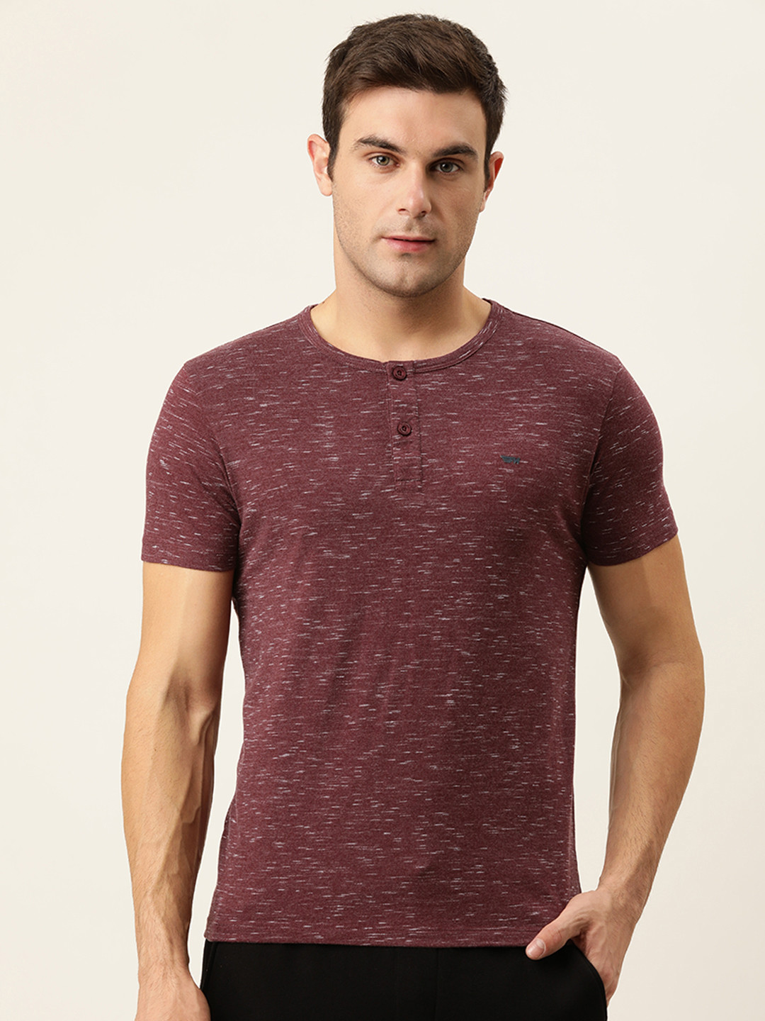 Flying Machine Men Burgundy Melange Effect Henley Neck T-shirt