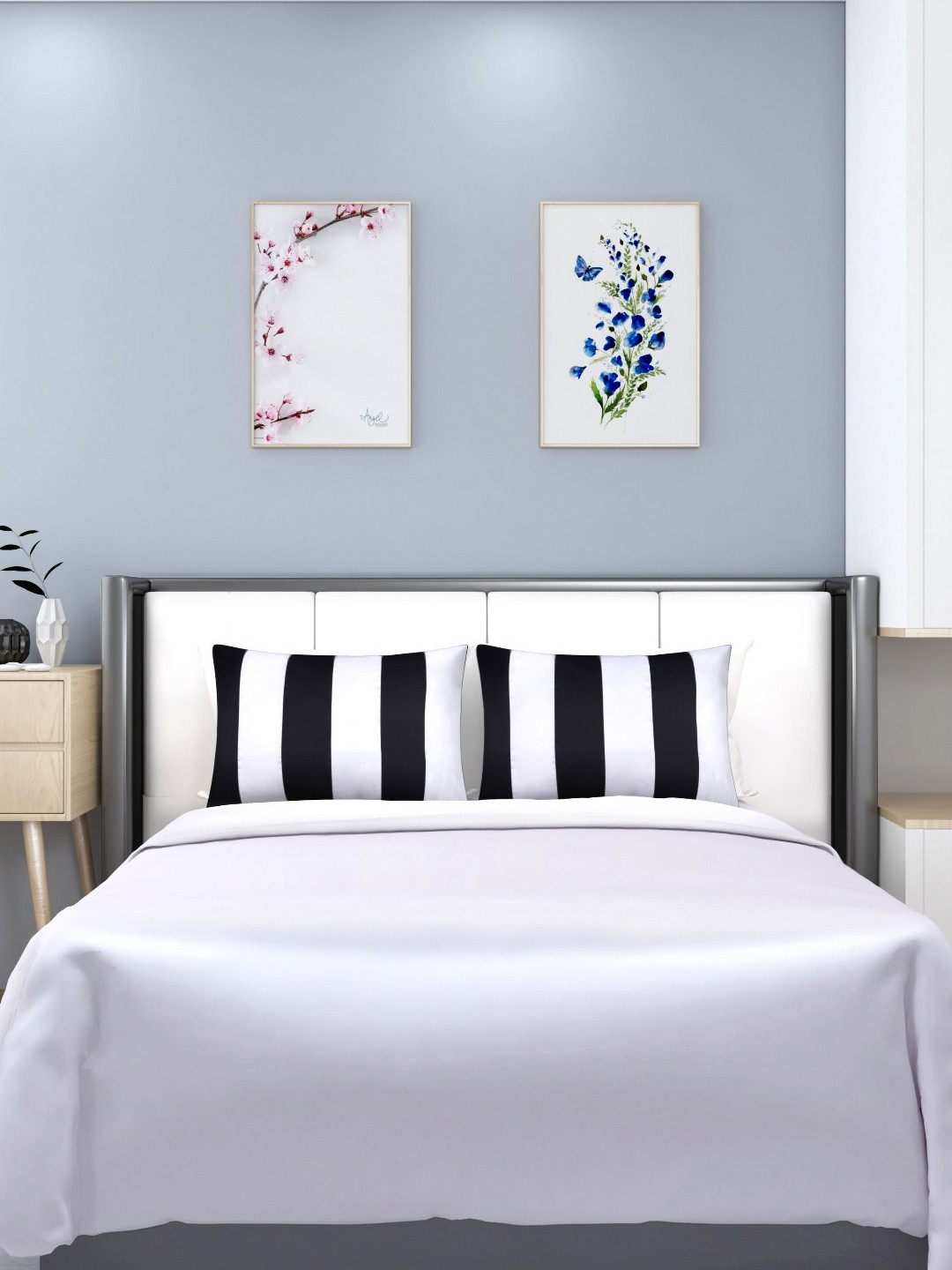 DEHMAN White & Black 2 Pieces Striped Rectangle Pillow Covers