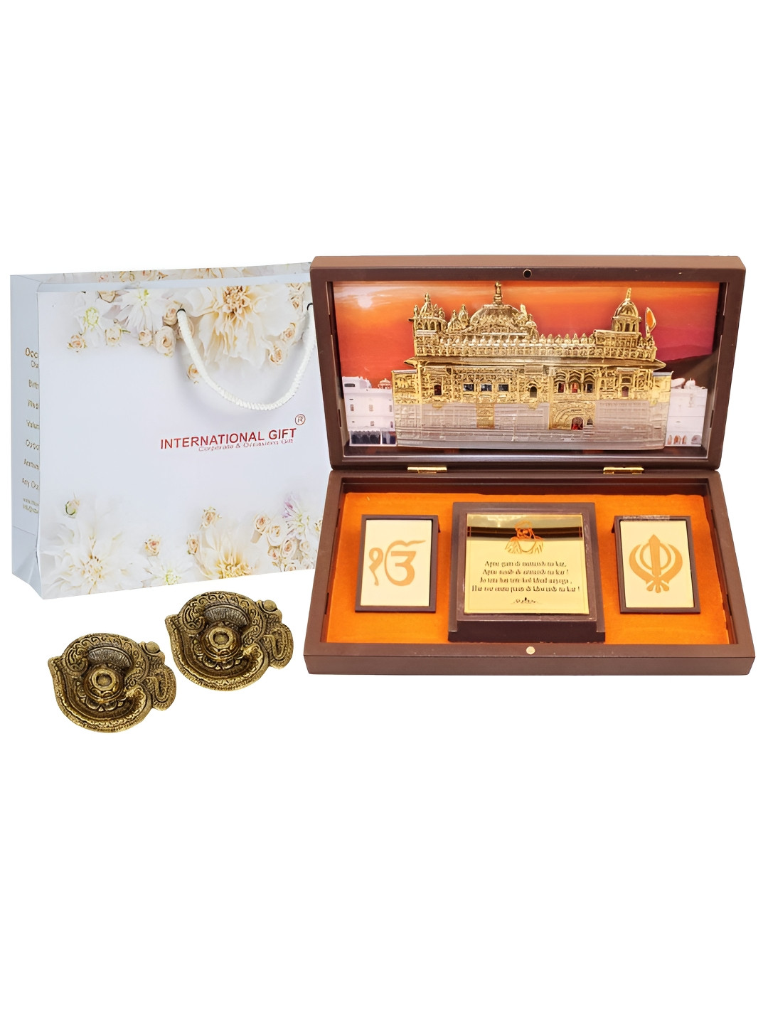 INTERNATIONAL GIFT Religious Golden Temple Message Box with Diya Gold Metal Metallic Prayer Room Set of 3 Large Showpieces - 4.3 Inches
