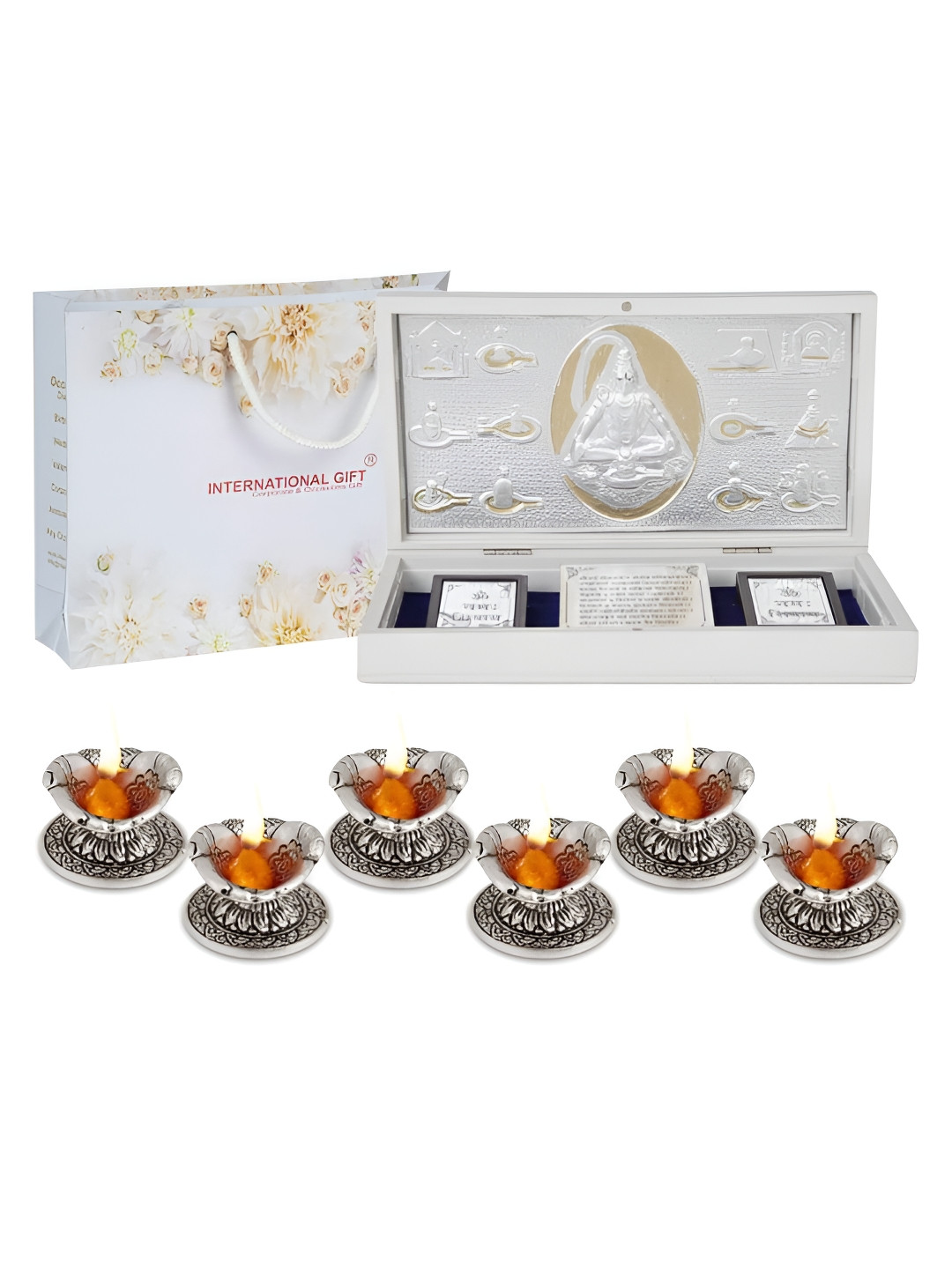 INTERNATIONAL GIFT Lord Shiv Charan Paduka with 6 Diya Silver Metal Metallic Prayer Room Lights Large Showpiece - 4.3 Inches