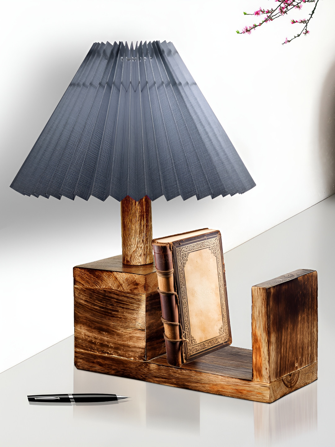Homesake Grey Textured Wood Industrial Frusturical Shaped Table Lamp with Bulb