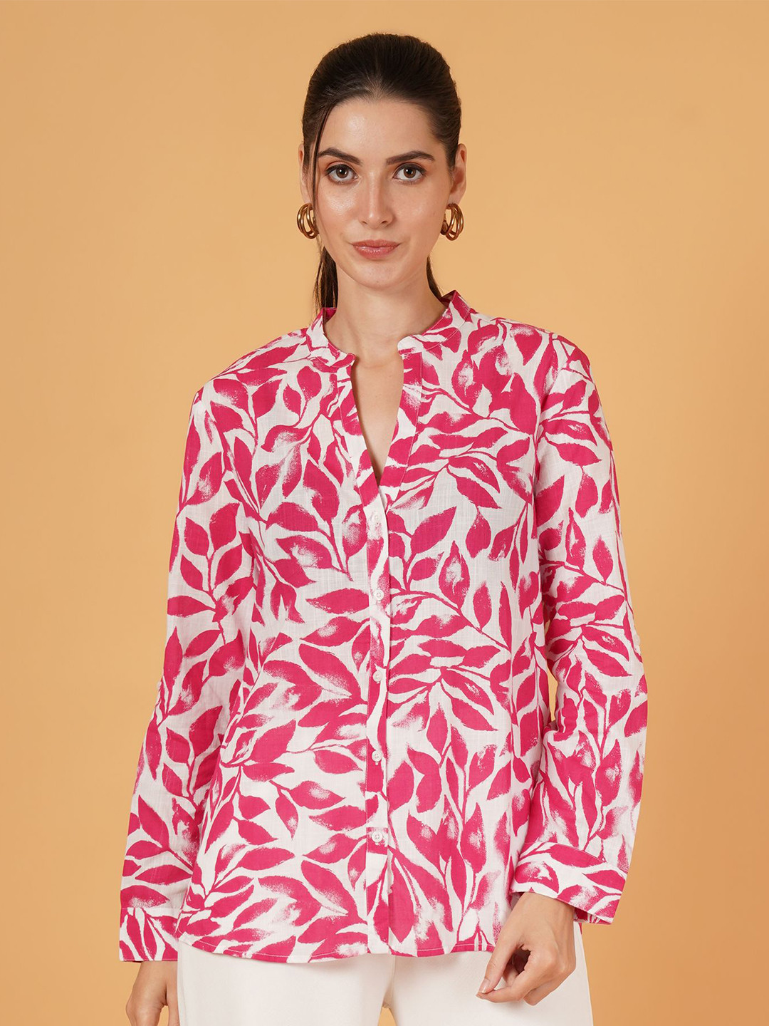IX IMPRESSION Print Mandarin Collar Cotton Shirt Style Top