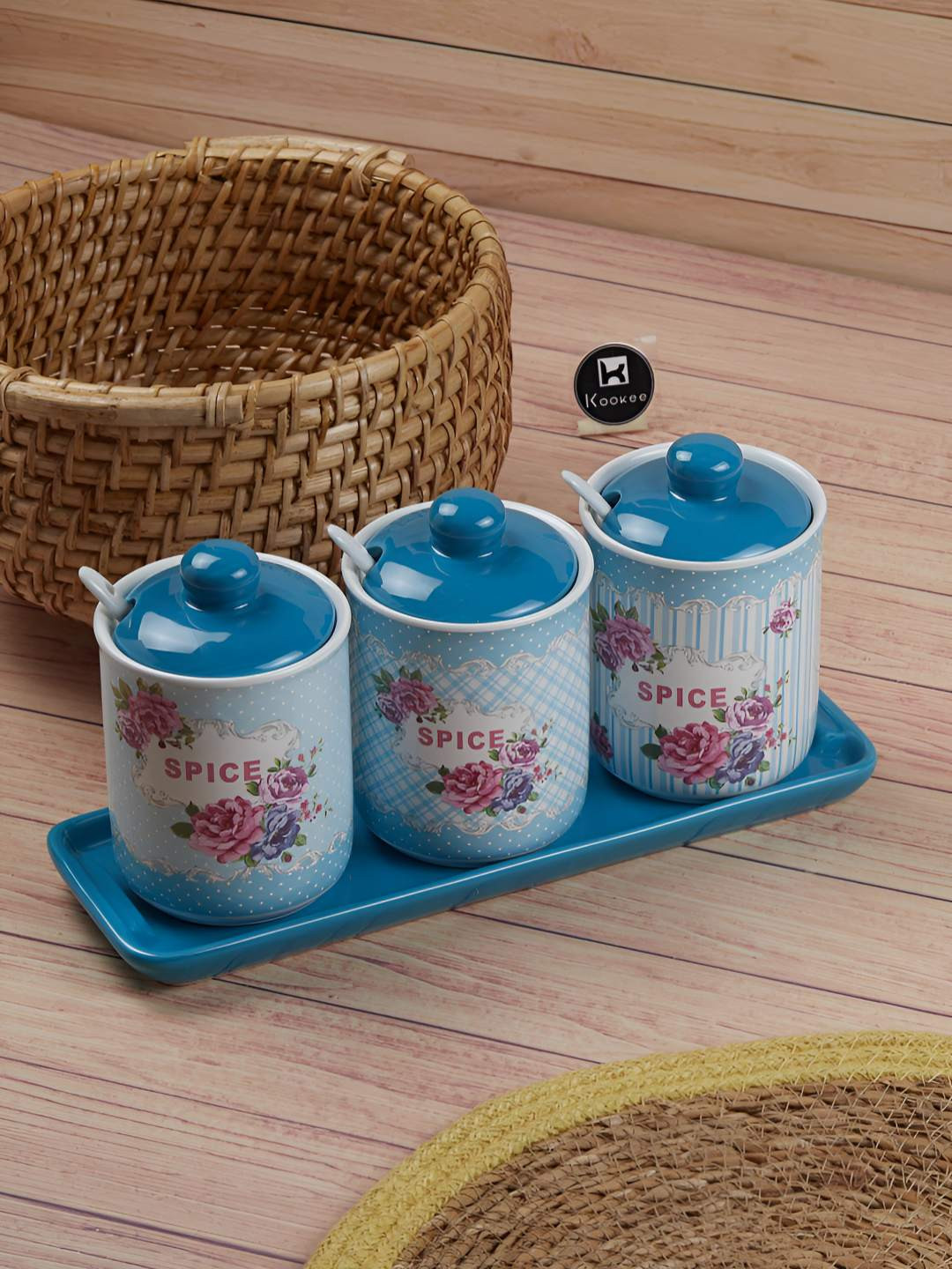 Kookee Blue and White 3 Pieces Ceramic Easy to Clean Canister Container