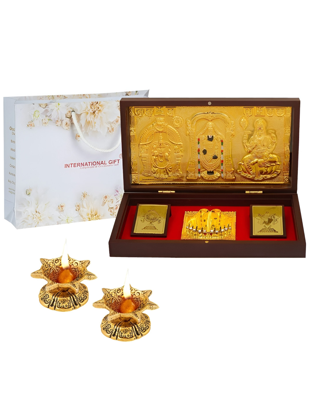 INTERNATIONAL GIFT Bala Ji Charan Paduka Gold Metal Metallic Prayer Room Set of 3 Large Showpieces - 4.3 Inches