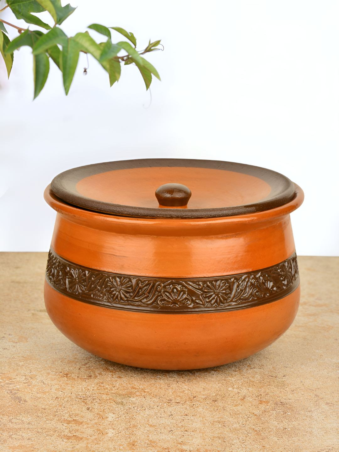 StyleMyWay Handcrafted Ornately Designed Earthenware Handi with Lid