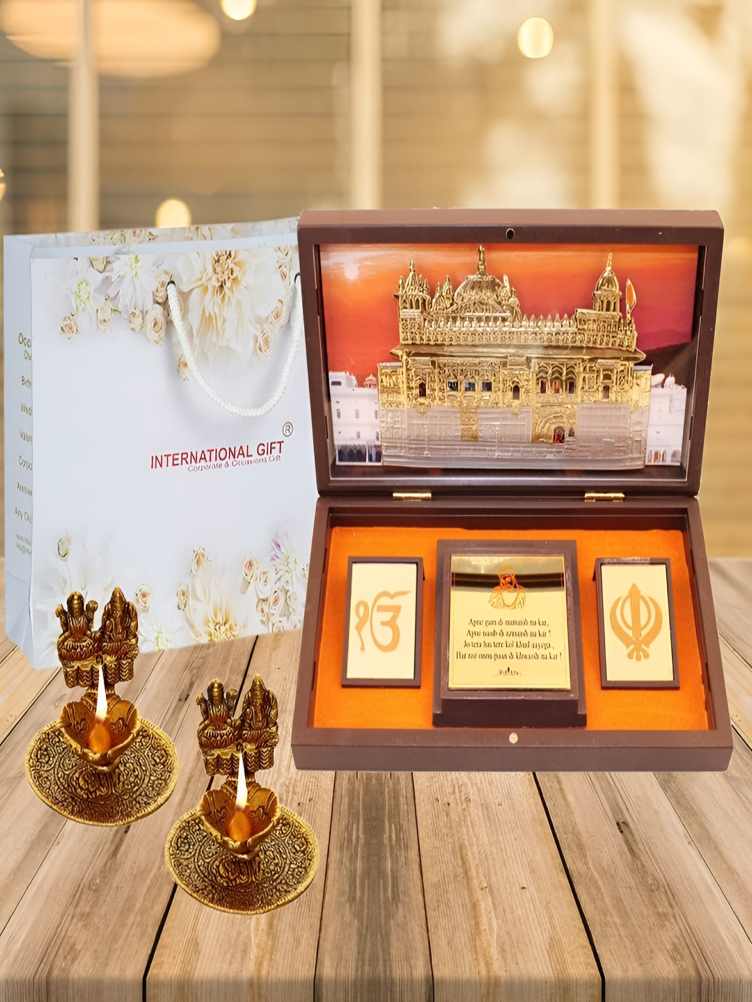 INTERNATIONAL GIFT Religious Golden Temple Message Box with Diya Gold Metal Metallic Prayer Room Set of 3 Large Showpieces - 4.3 Inches