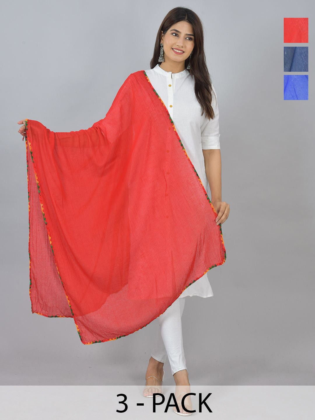 LA FEMINAE Pack Of 3 Pure Cotton Taping Border Dupatta