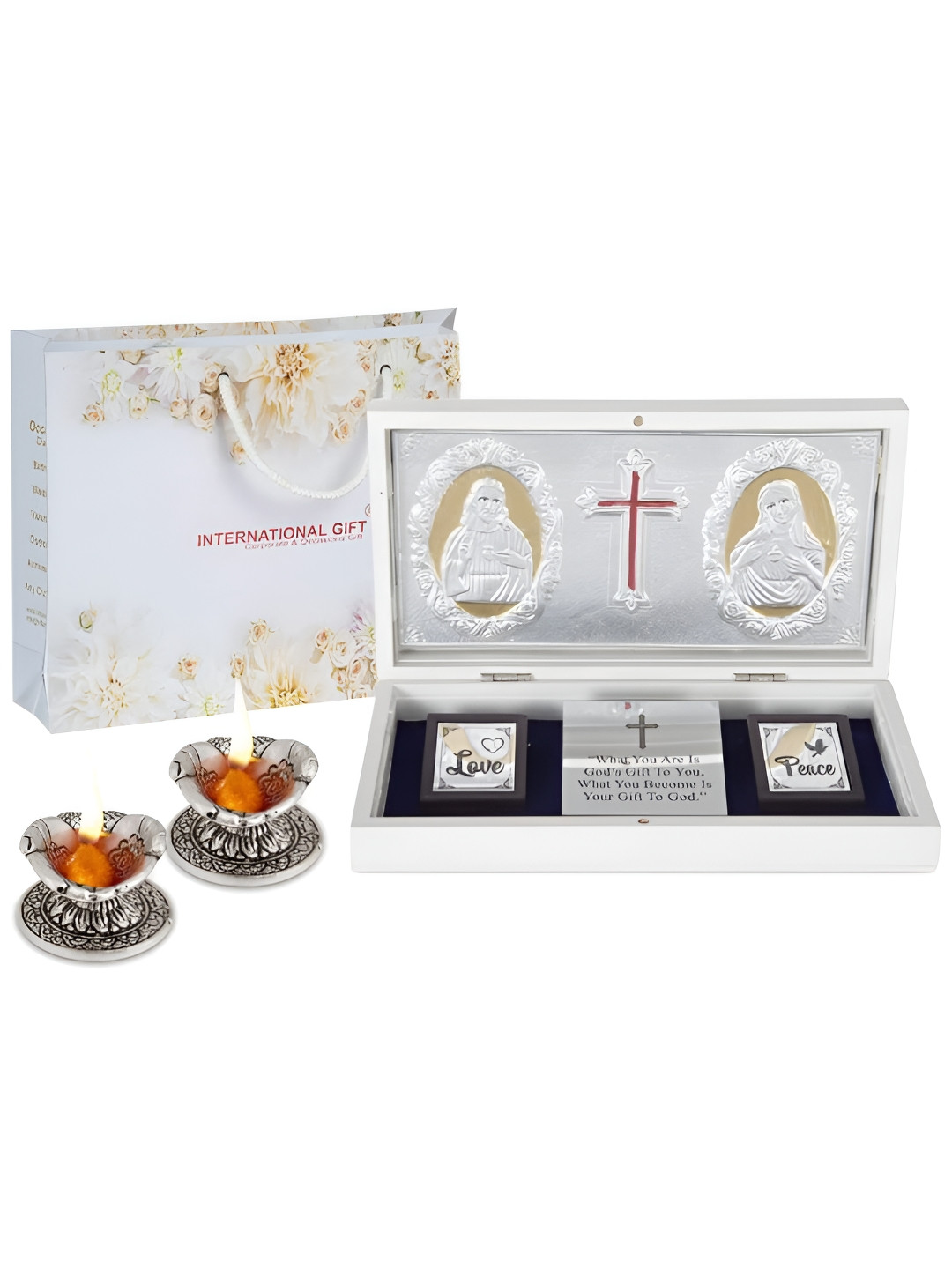 INTERNATIONAL GIFT Religious Jesus Message Box with Diya Silver Metal Metallic Prayer Room Set of 3 Large Showpieces - 4.3 Inches