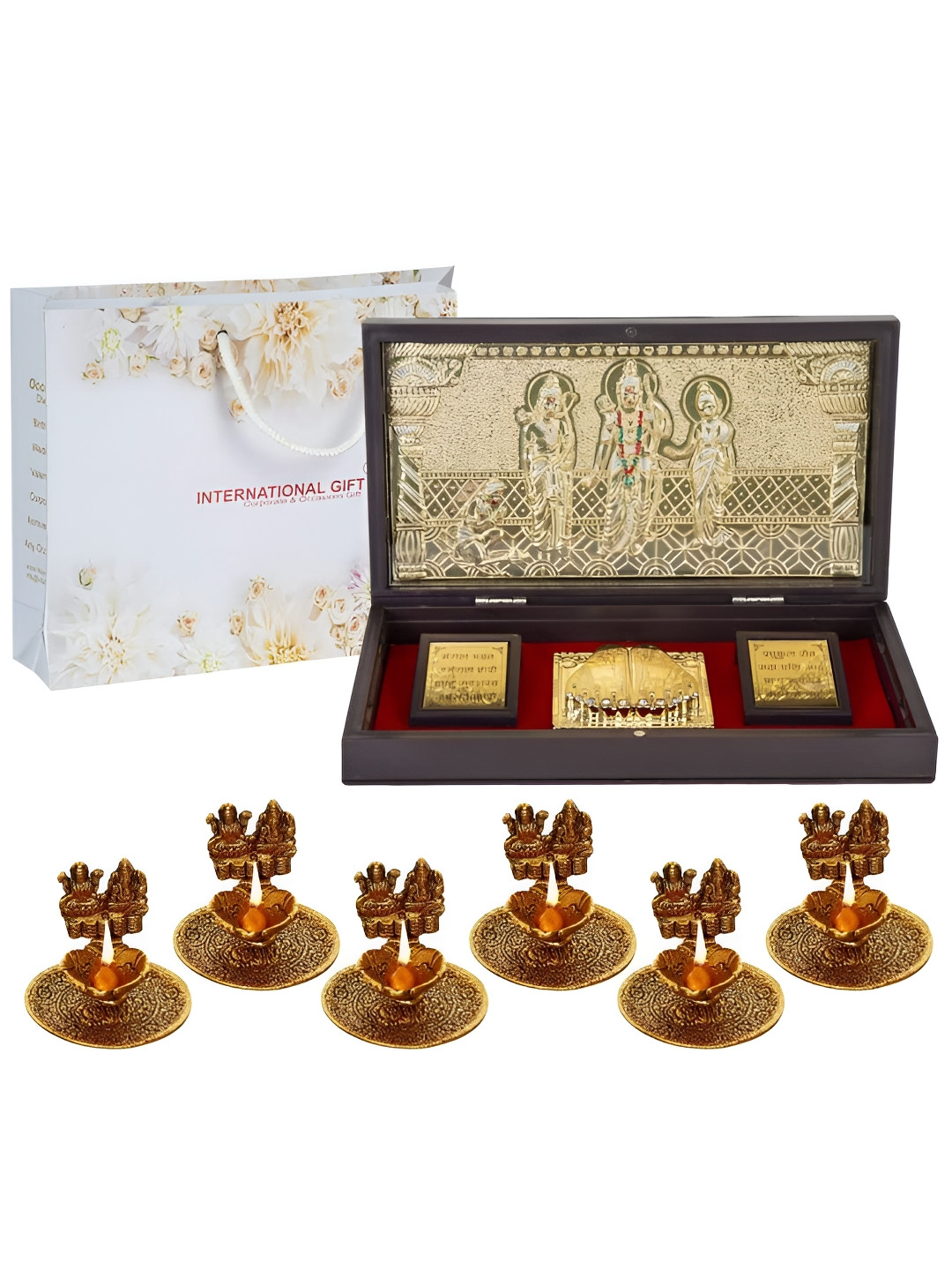 INTERNATIONAL GIFT Shree Ram Darbar Charan Paduka with 6 Diya Gold Metal Metallic Prayer Room Large Showpiece - 4.3 Inches