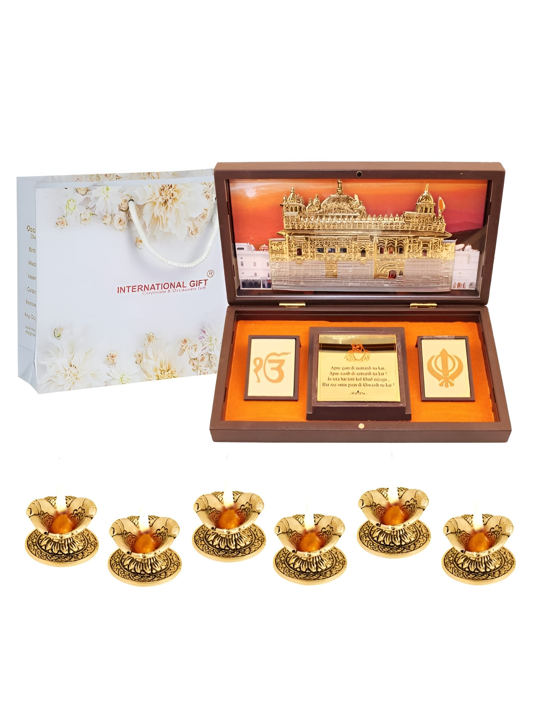 INTERNATIONAL GIFT Religious Golden Temple Message Box with 6 Diya Gold Metal Metallic Prayer Room Large Showpiece - 4.3 Inches
