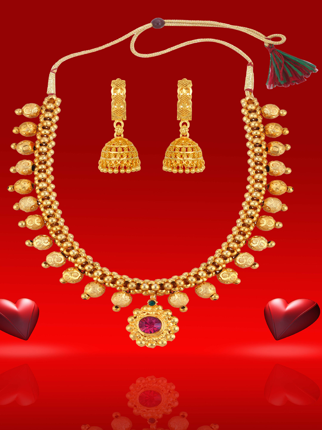 Heer Collection Gold-Plated Pink & Gold-Toned Necklace With Earrings