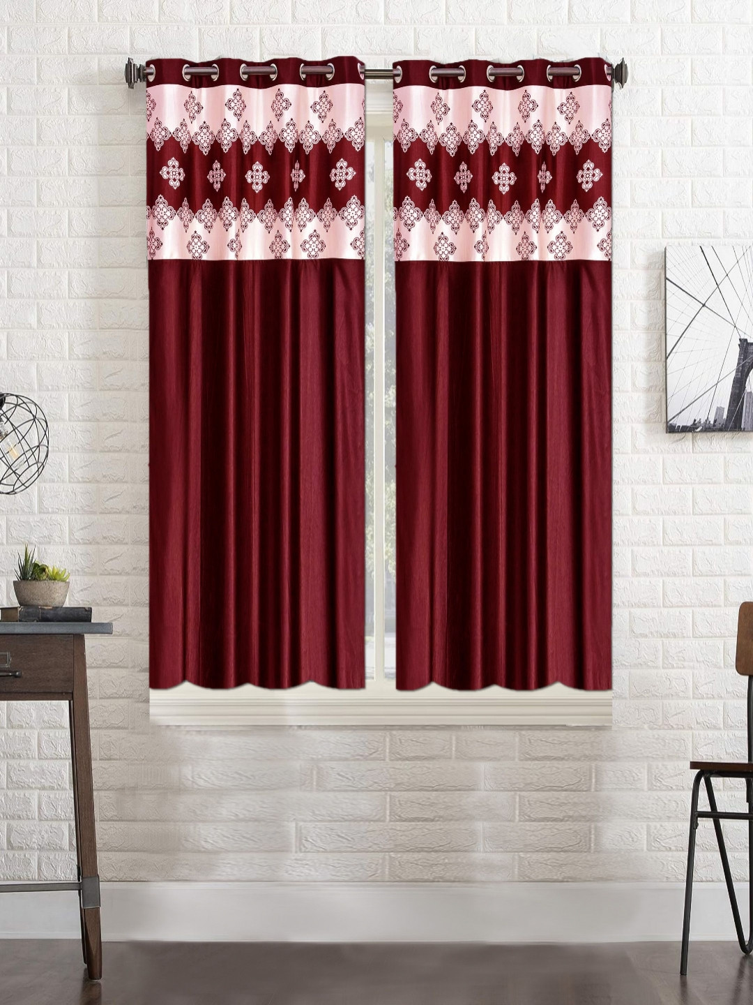Lunar Days Maroon and Beige 2 Pieces Floral Room Darkening Window Curtains