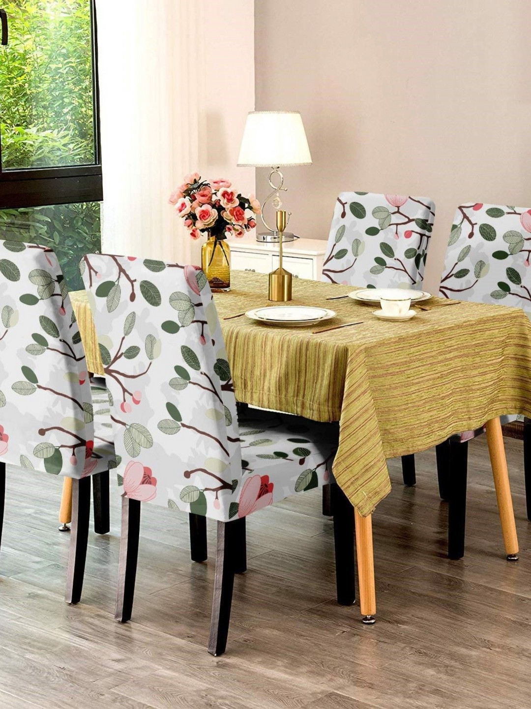 Aura White & Green 4 Pieces Floral Printed Chair Cover