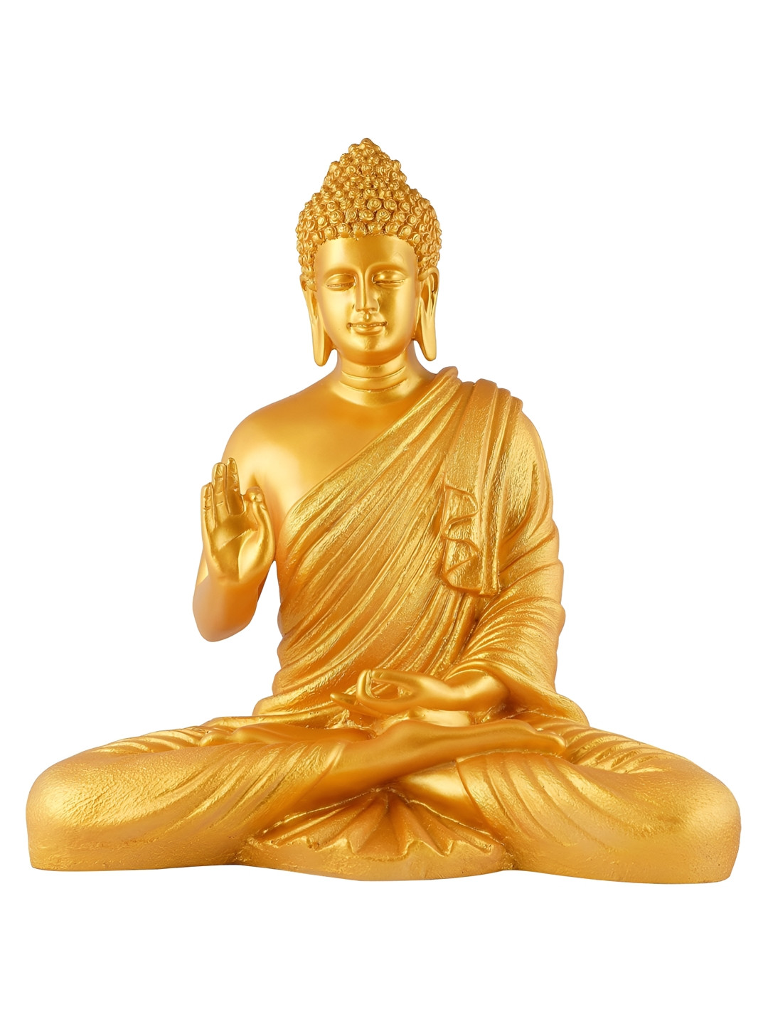 Zart Buddha Sitting On Chand Yellow Polyresin Glossy Study Room Medium Showpiece - 10 Inches