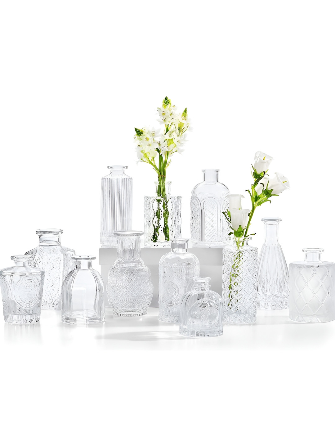 TIED RIBBONS White 10 Pieces Glass Mini Bud Flower Vases