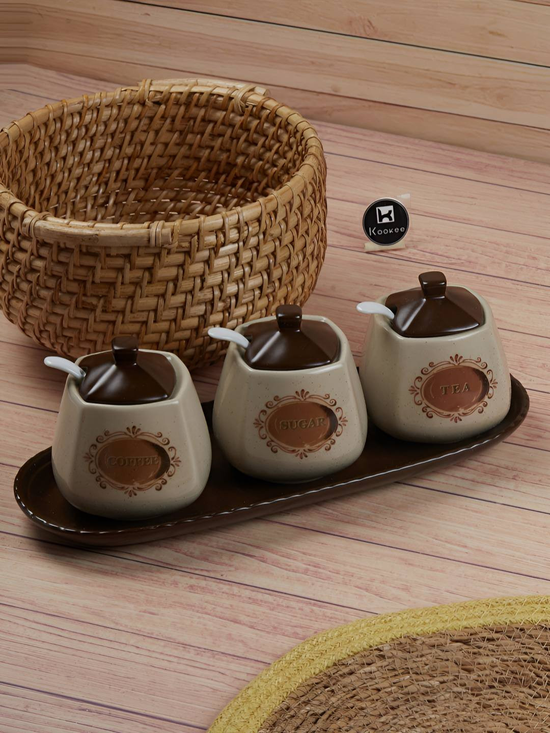 Kookee Brown and Beige 3 Pieces Ceramic Easy to Clean Canister Containers 200 ml each