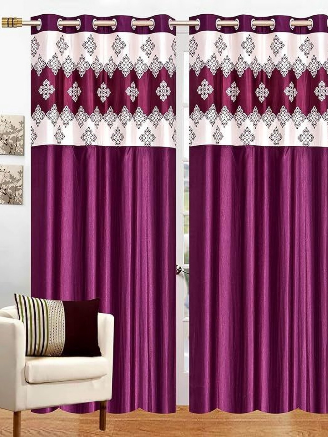 Lunar Days Purple and Beige 2 Pieces Floral Room Darkening Door Curtains