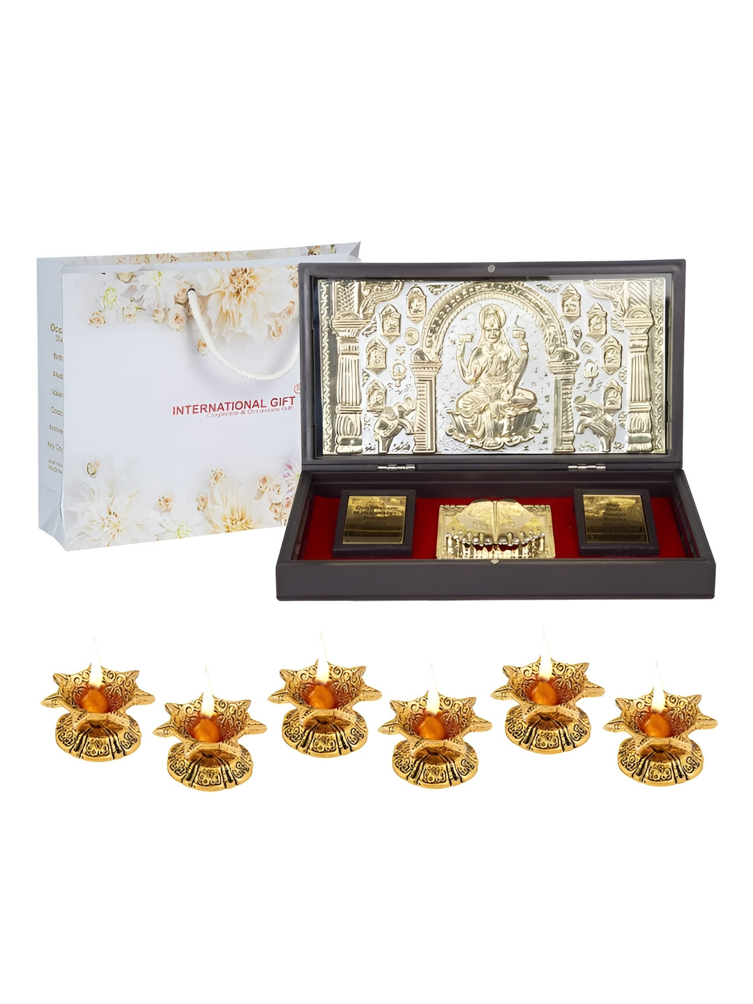 INTERNATIONAL GIFT Saraswati Mata Charan Paduka 6 Diya Gold Metal Metallic Prayer Room Large Showpiece - 4.3 Inches