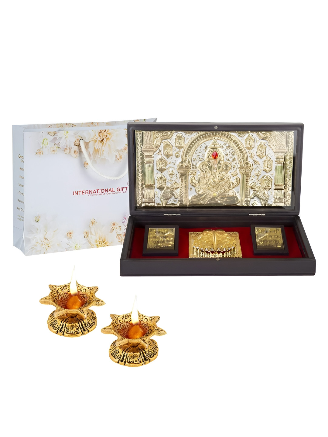 INTERNATIONAL GIFT Ganesh Charan Paduka with Diya Gold Metal Metallic Prayer Room Set of 3 Large Showpieces - 4.3 Inches