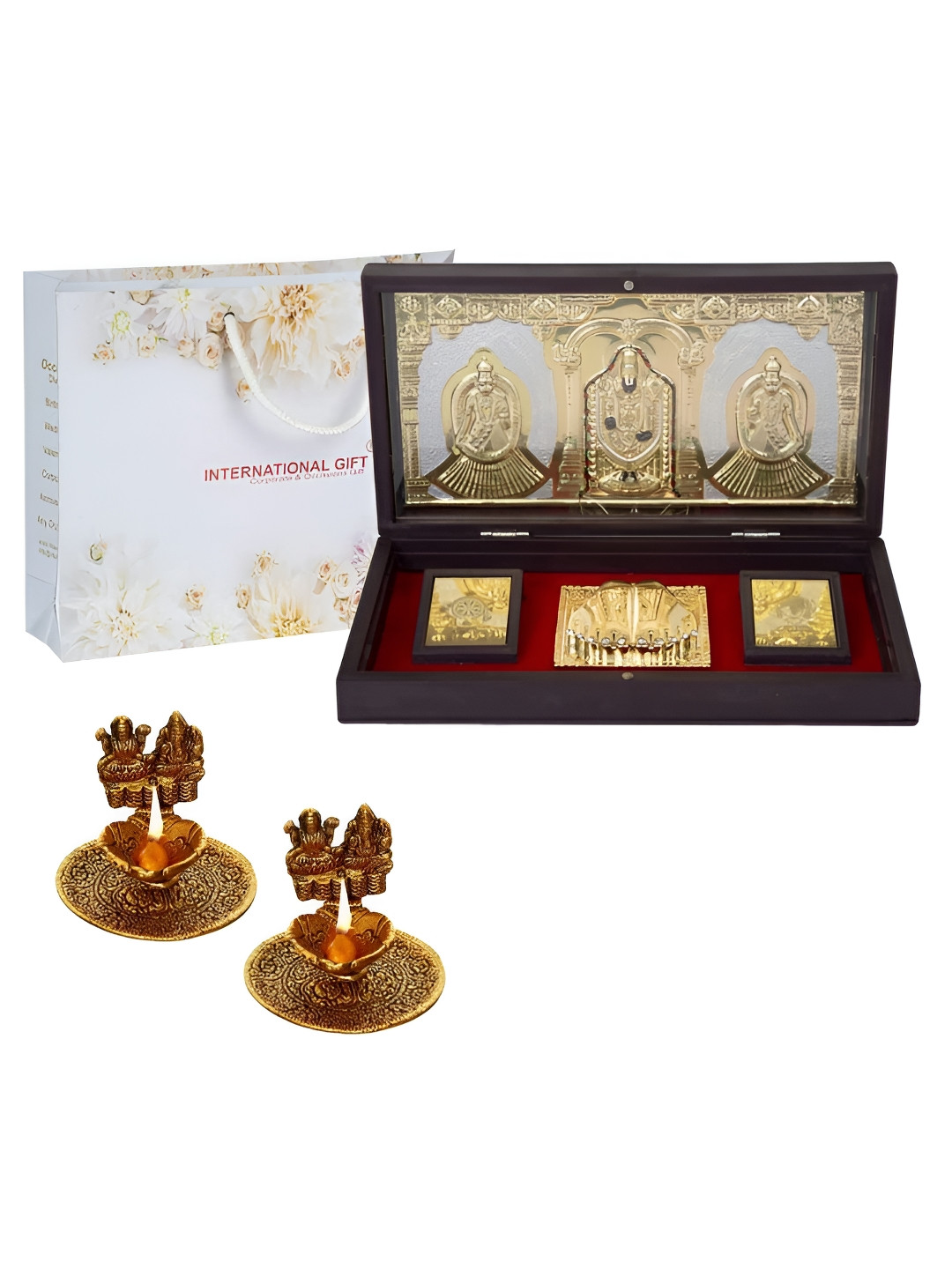 INTERNATIONAL GIFT Bala Ji Charan Paduka with Diya Gold Metal Metallic Prayer Room Set of 3 Large Showpieces - 4.3 Inches