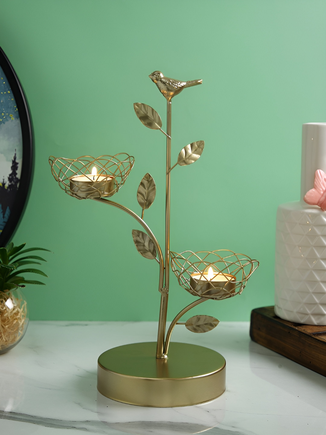TAYHAA Gold Toned Bird And Branch Textured Metal Candle Holder